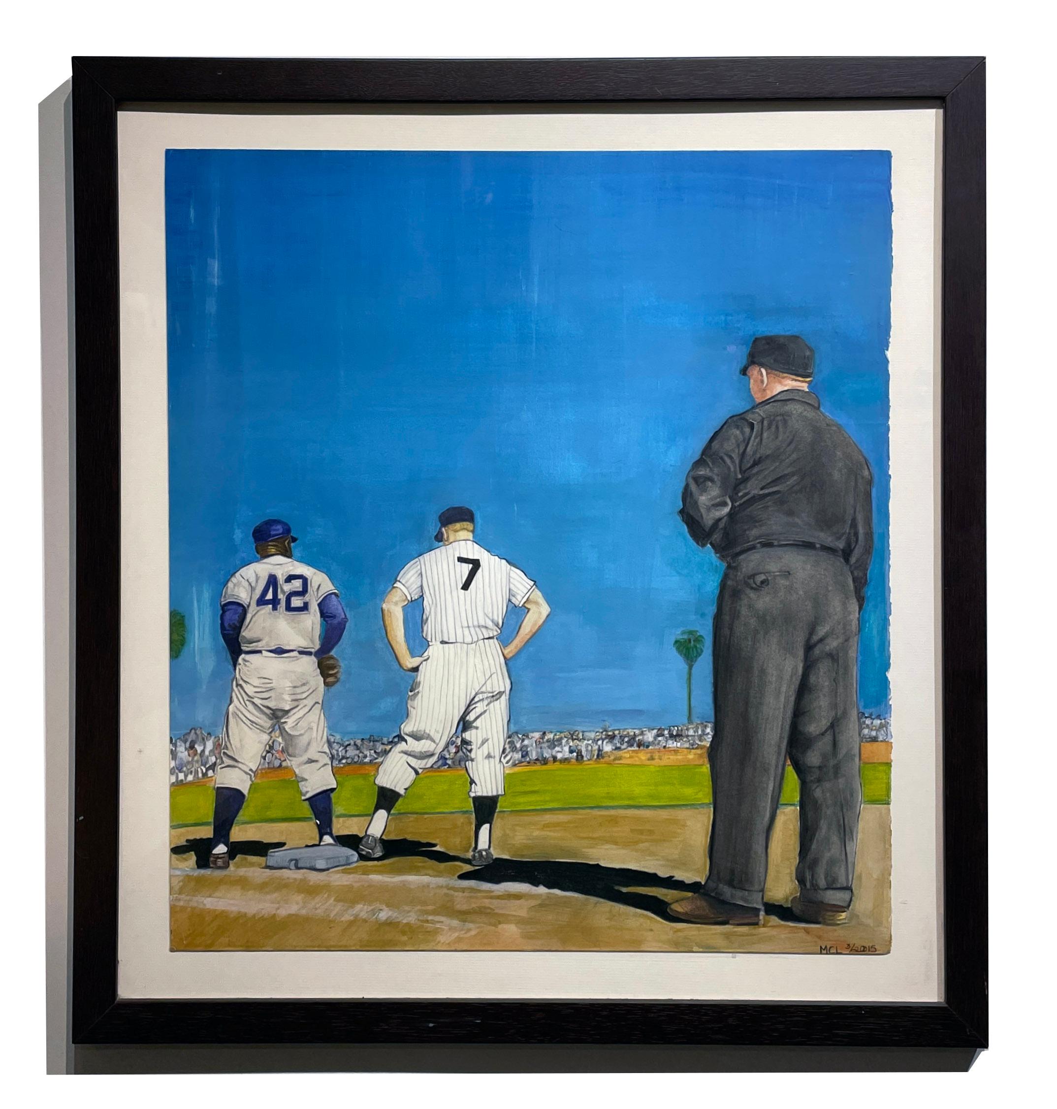 Aquarelle des grands de la Baseball Jackie Robinson et Mickey Mantel - Painting de Margie Lawrence