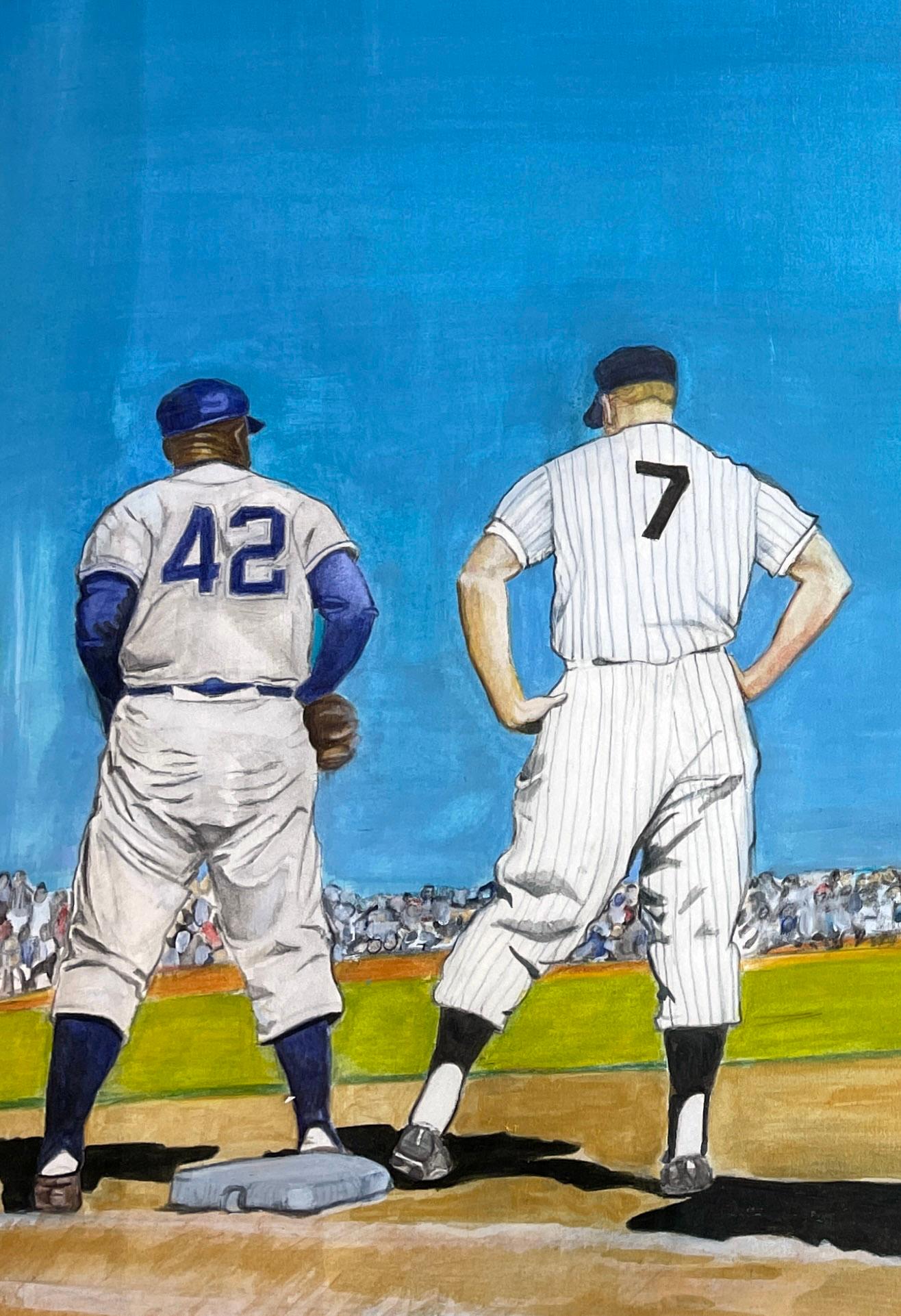 Aquarelle des grands de la Baseball Jackie Robinson et Mickey Mantel - Bleu Figurative Painting par Margie Lawrence