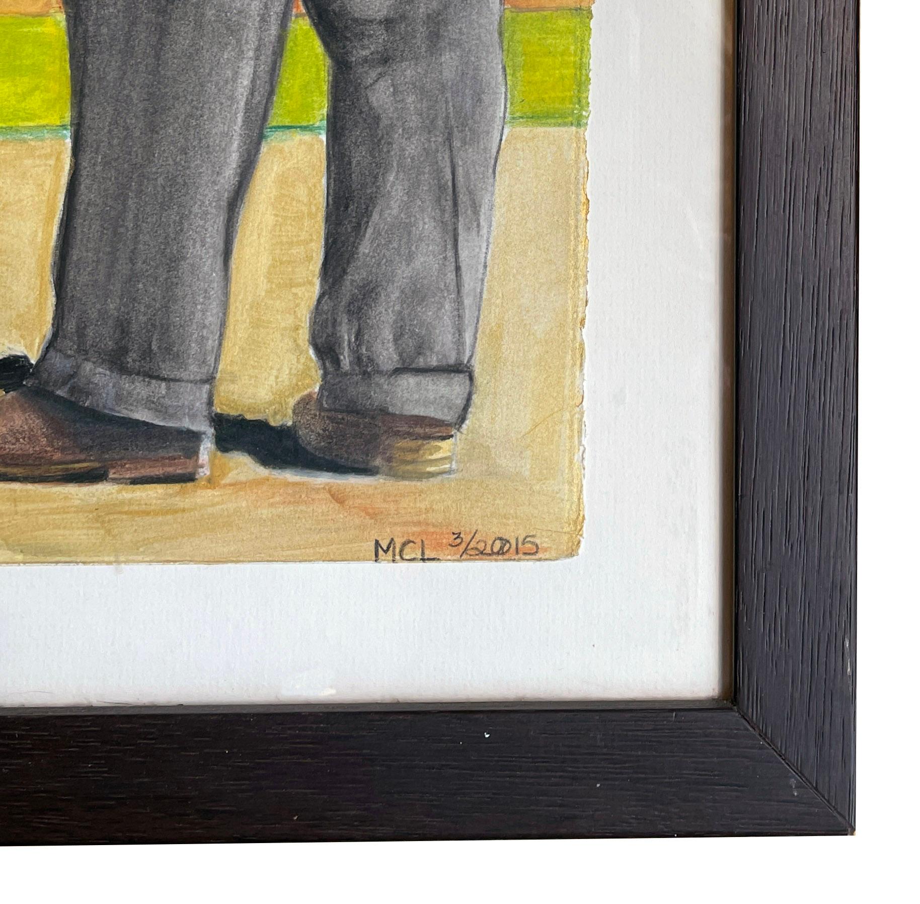 Spring Training - Watercolor of Baseball Greats Jackie Robinson & Mickey Mantel - Blue Figurative Painting by Margie Lawrence