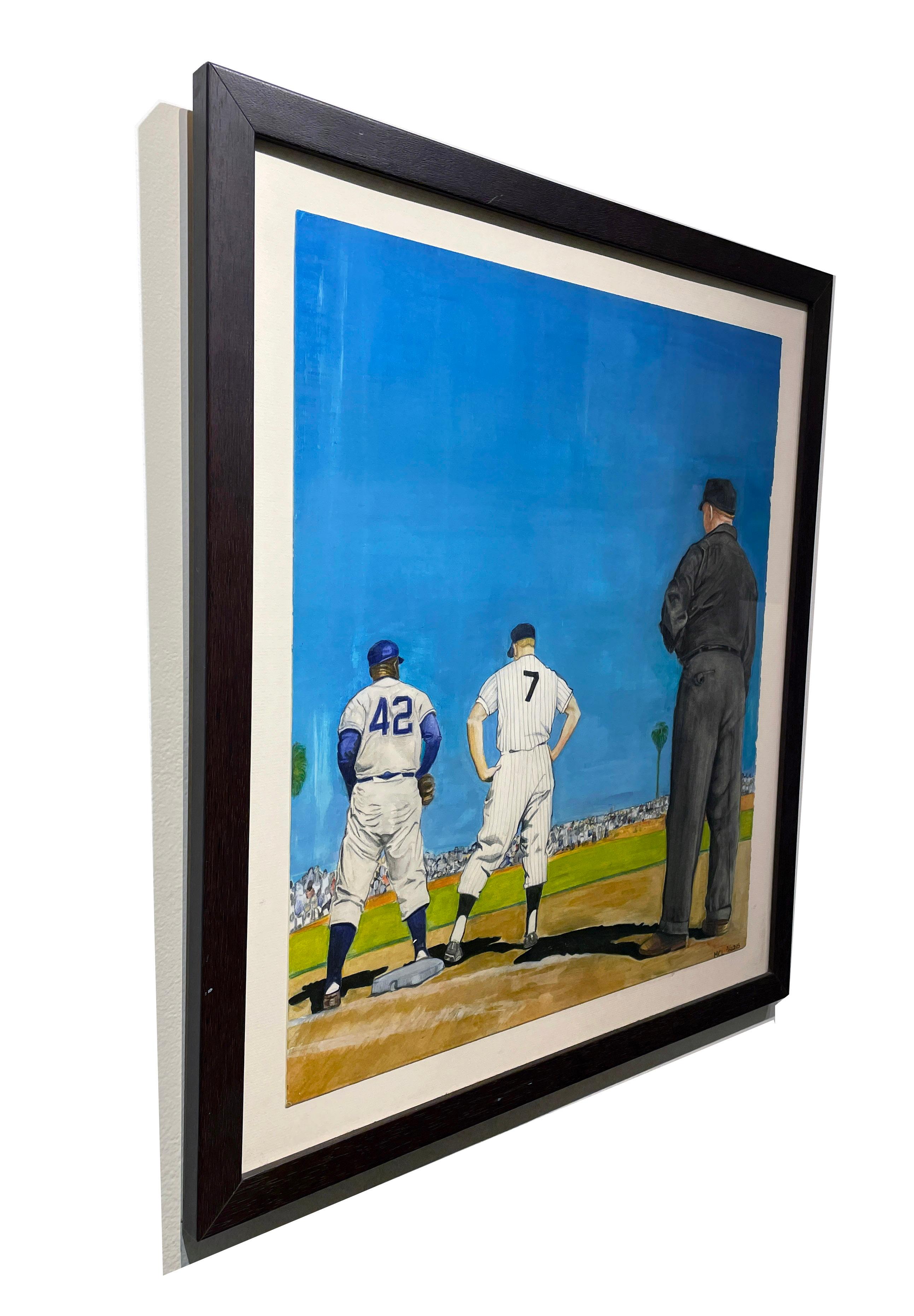 Aquarelle des grands de la Baseball Jackie Robinson et Mickey Mantel - Contemporain Painting par Margie Lawrence