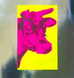 Vintage reproductive print after Warhol, Pink Cow, on silver metallic paper