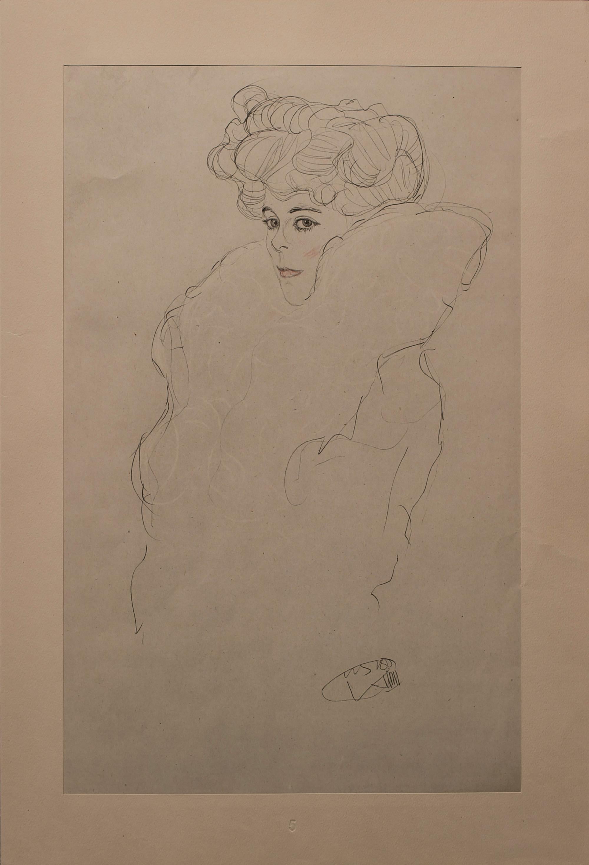 Portrait Sketch: Lady with Boa (Red and White Tinted) - Art by Gustav Klimt