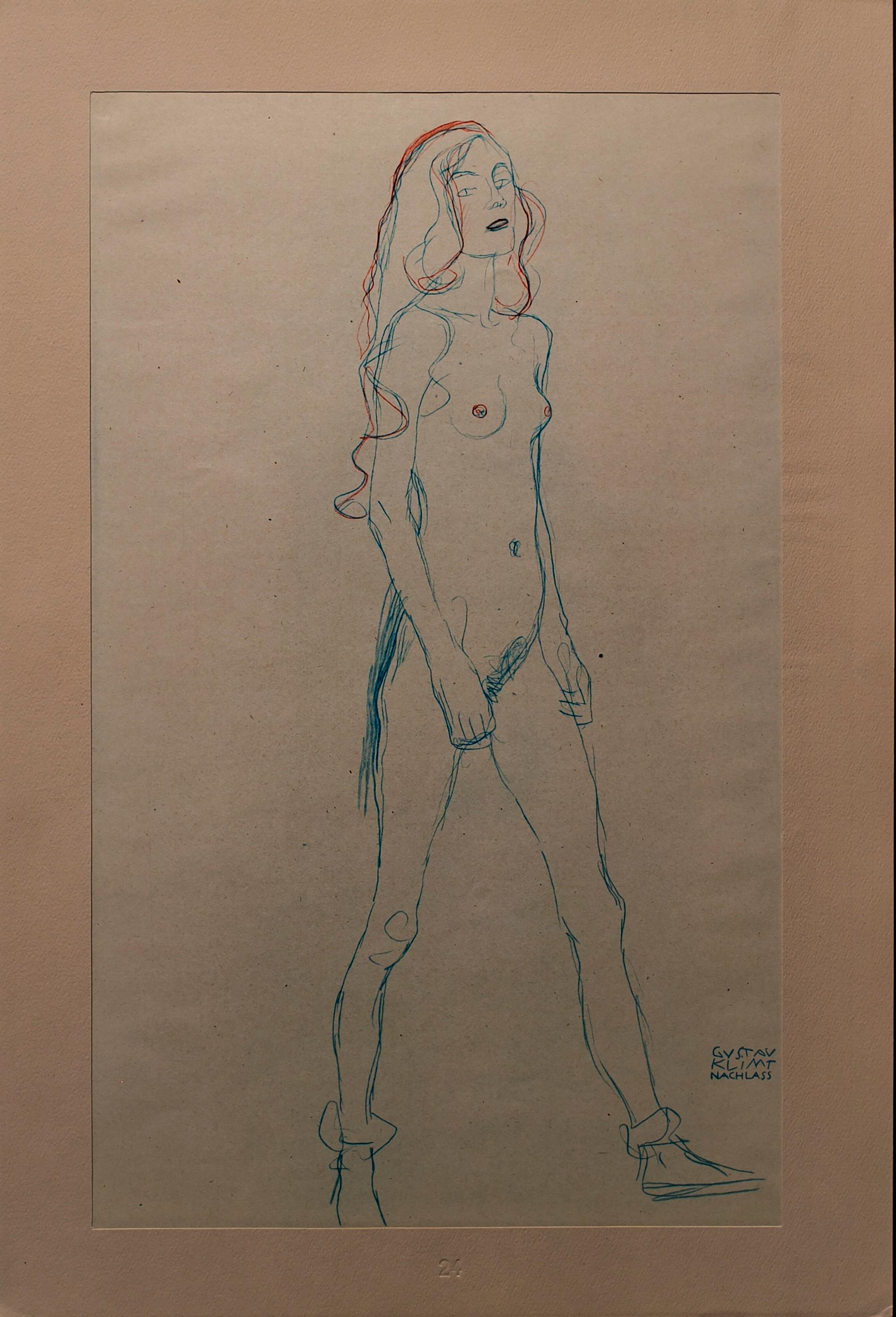 Gustav Klimt Nude - Young Girl (Blue & Red Pencil)