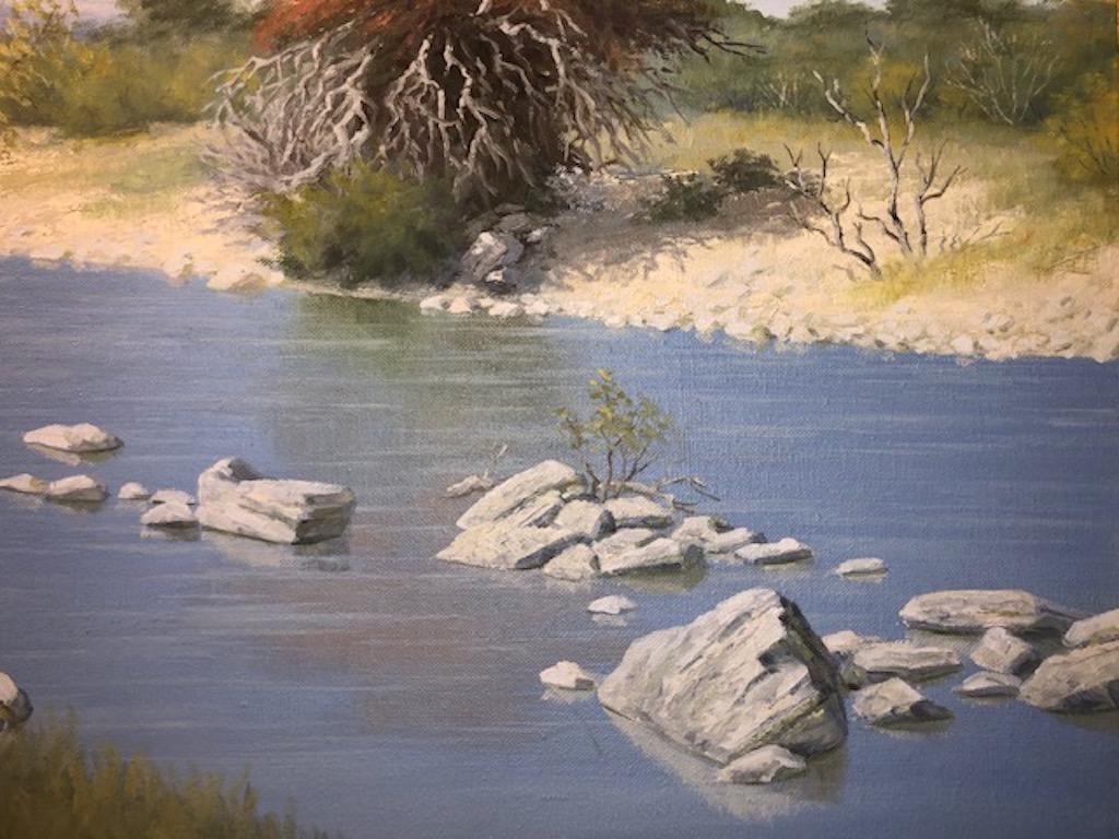 “ Texas Landscape” , c.1980s
Oil on canvas, signed lower left
15.5”h x 19.5”w, overall size  24” x 27”

Joe Greer Russell was born in Austin, Texas, August 23, 1926 to Gladys Greer Russell and Joe A. Russell. He began to put his view of Texas down