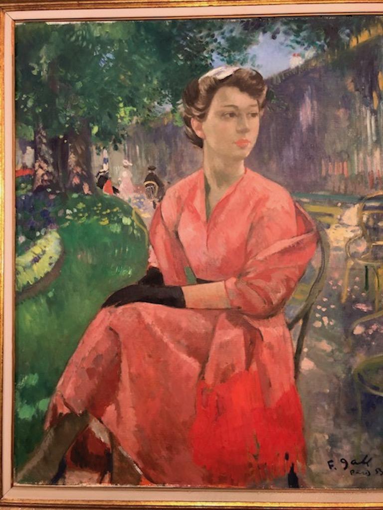 Une dame dans un jardin - Impressionnisme Painting par François Gall