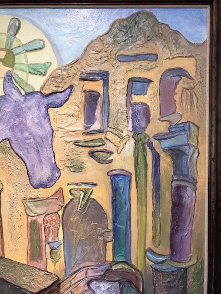 American Artist, was born in California. 
The portrayal of the state Texas is depicted in surrealist style on this 38” x 44” , overall size is 44” x 50.5”,
Oil on masonite. 
“Texas History”
The featured Texas icons are: The Alamo, The single star or