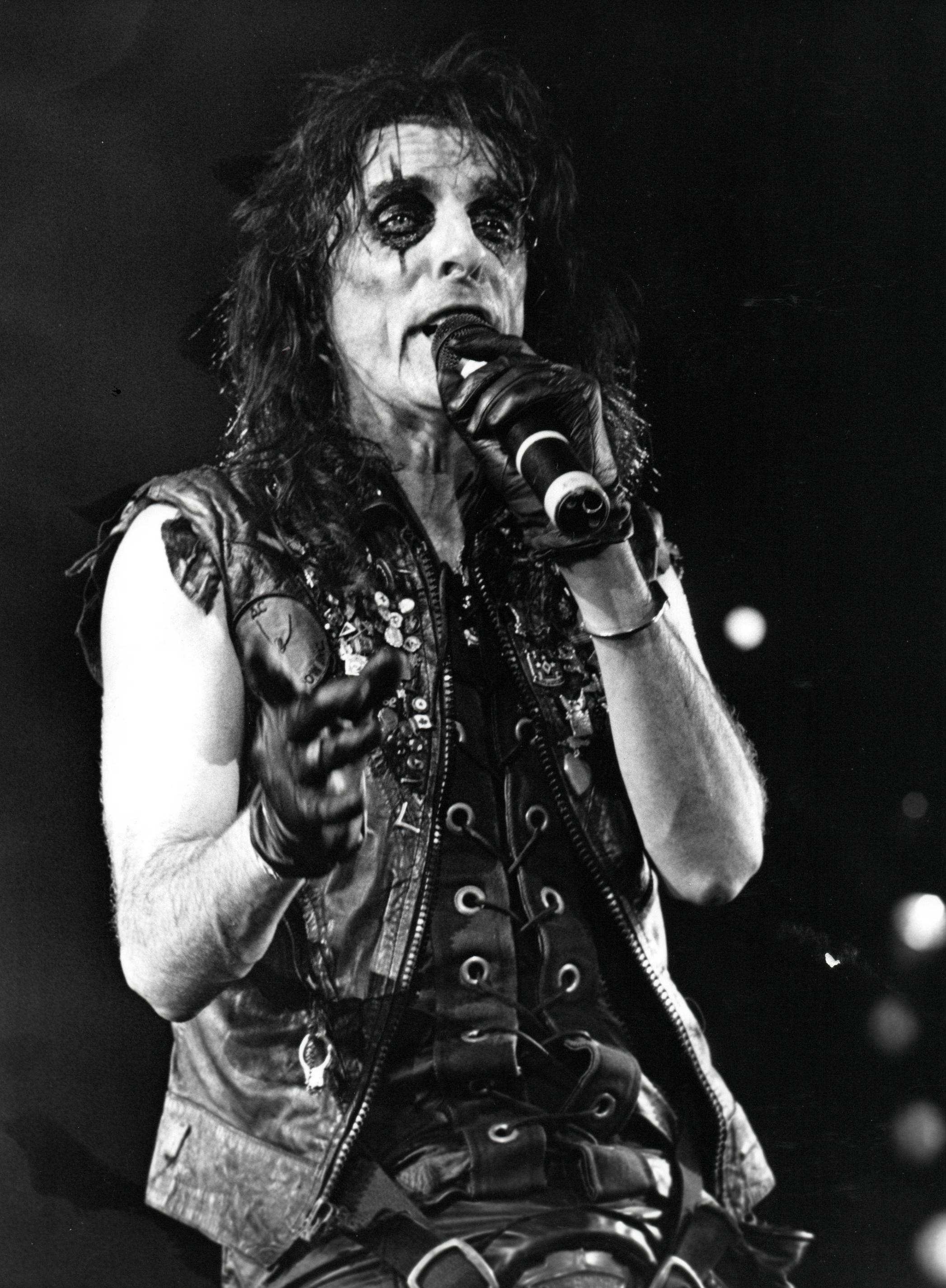 Christopher Helton Black and White Photograph - Alice Cooper Performing in Leather Vintage Original Photograph