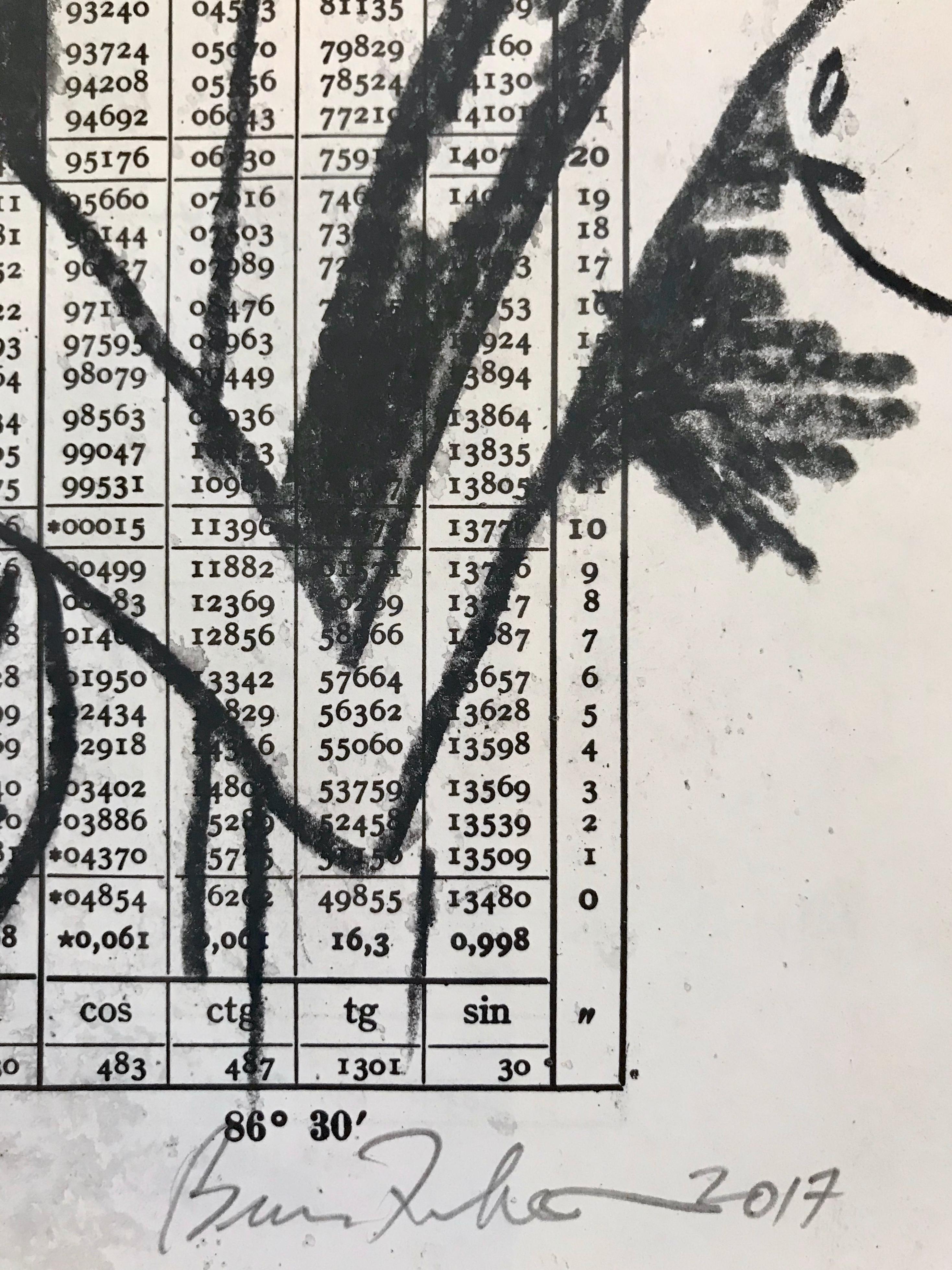 Brian Fekete’s “No. 71” is a small, unframed 10 x 8 inch monochromatic watercolor pencil on vintage paper drawing. Using the pages of a 1943 trigonometry resource printed with columns of numerical results as a support, the artist has drawn a