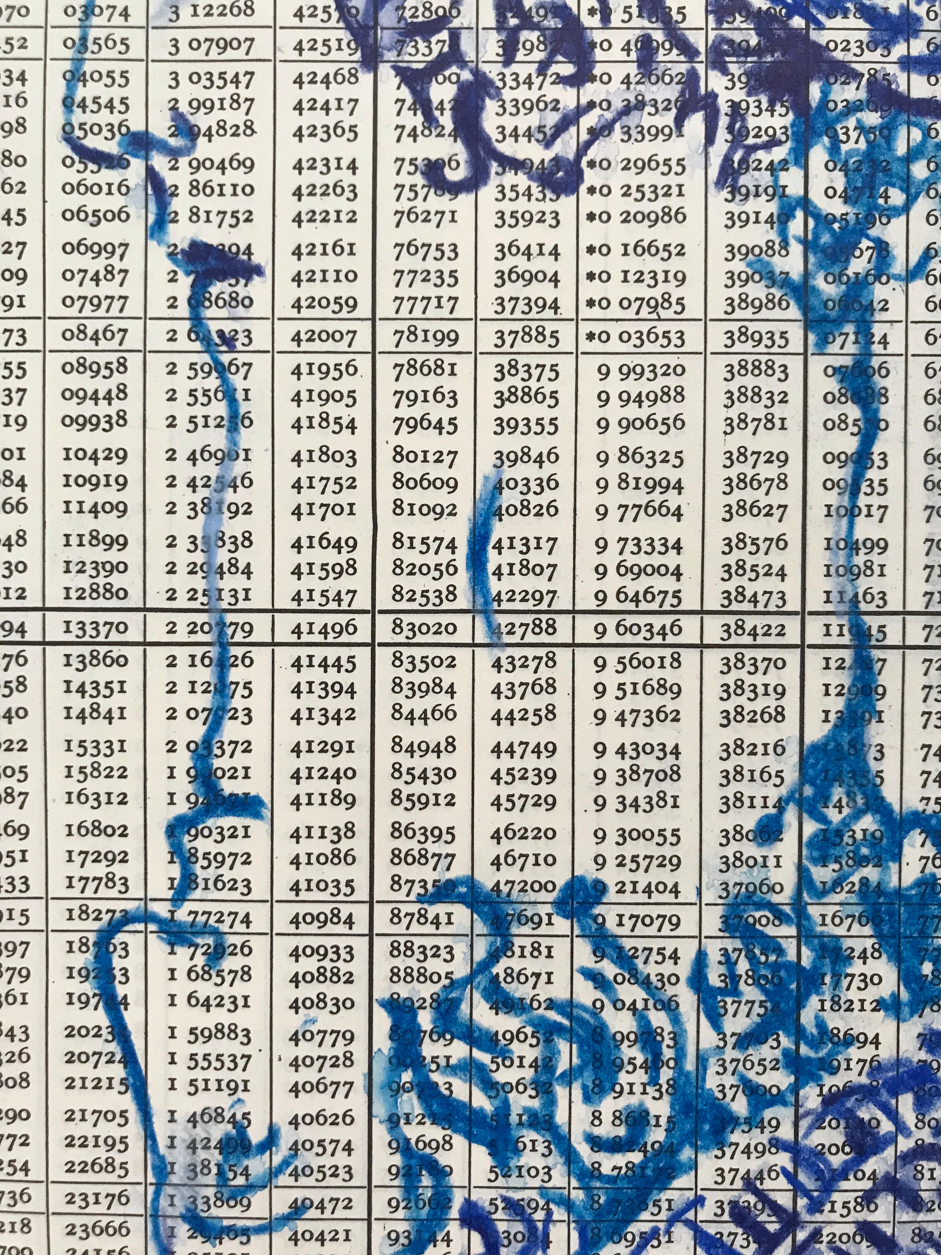 Brian Fekete’s “No. 123” is a small, unframed, monochromatic 10 x 8 inch watercolor pencil drawing in deep blue of a woman’s head in profile on a page from a 1943 trigonometry resource printed with regular columns of numerical results. Reflected