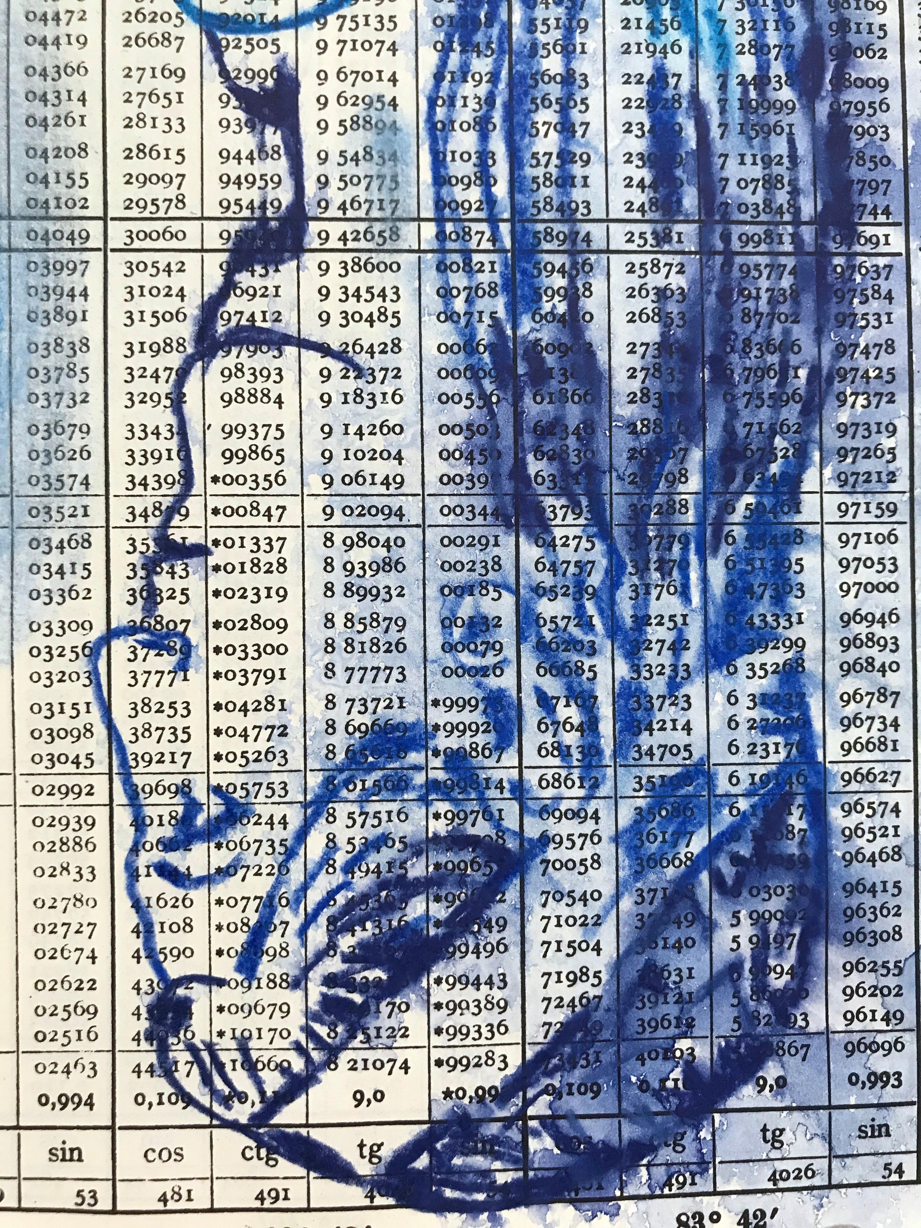 Brian Fekete’s “No. 127” is a small, unframed, monochromatic 10 x 8 inch watercolor pencil drawing in deep blue of a woman’s head in profile on a page from a 1943 trigonometry resource printed with regular columns of numerical results. Reflected