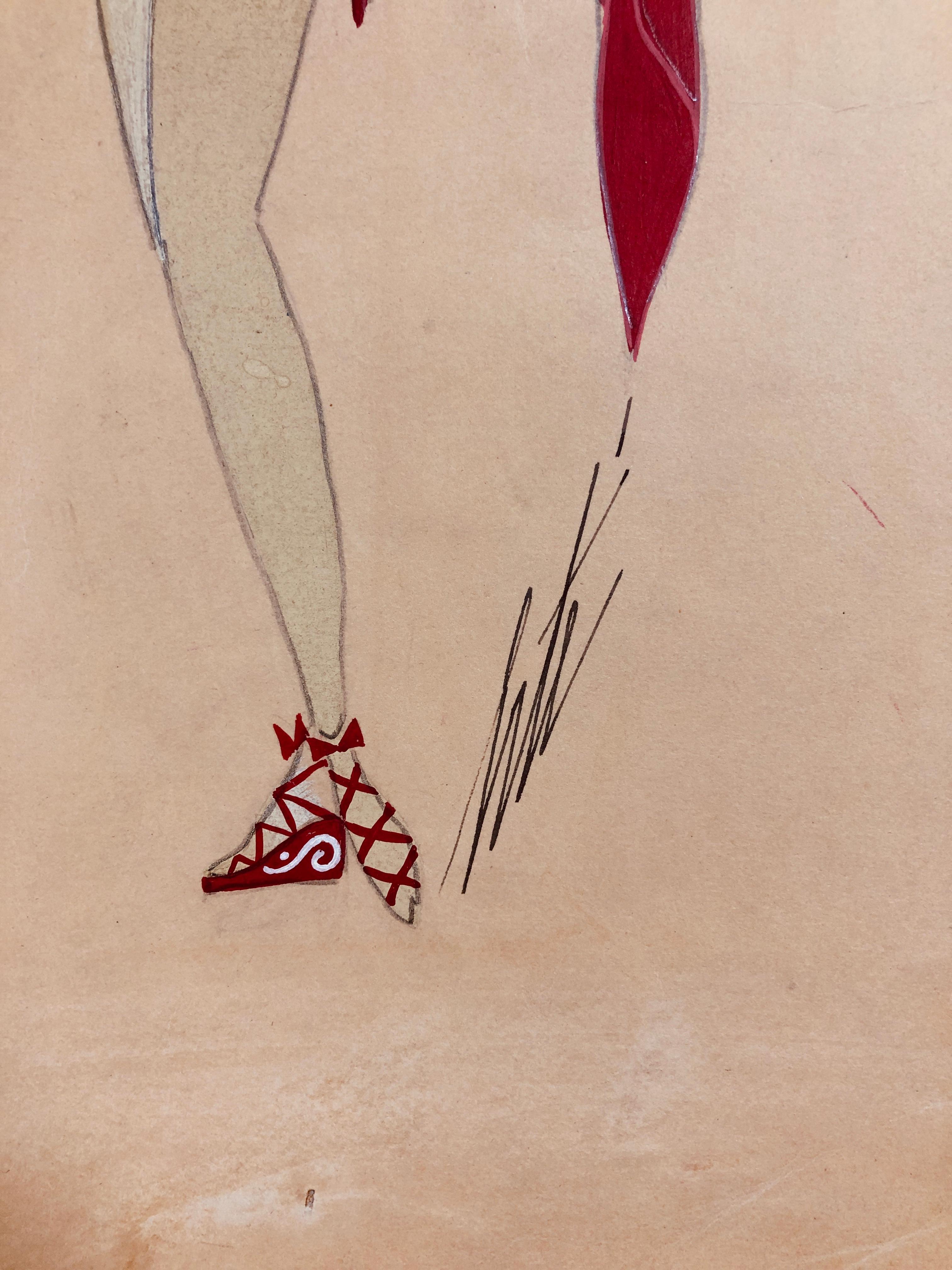 This piece is a unique gouache on paper by Erté, also known as Romain de Tirtoff. This piece was created in 1940 as a costume design for a cabaret show entitled Phi-Phi. It is from the private collection of Hélène Martini, the famed cabaret owner.