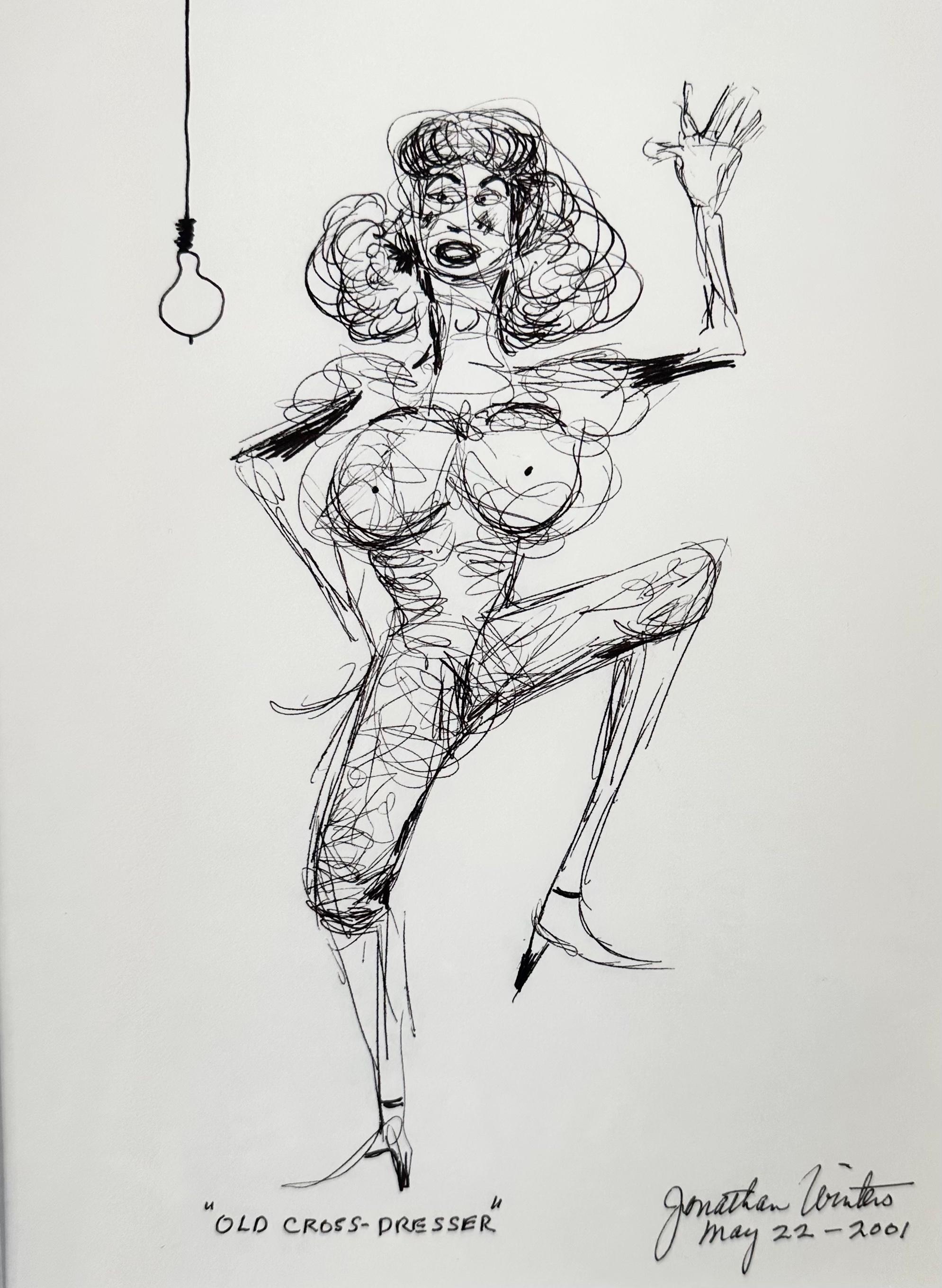 Dieses Werk ist eine einzigartige Zeichnung, die Jonathan Winters 2001 mit Feder und Tinte angefertigt hat. Es ist handschriftlich signiert und datiert: "22. Mai 2001". Winters war ein berühmter amerikanischer Komiker, Schauspieler, Autor,