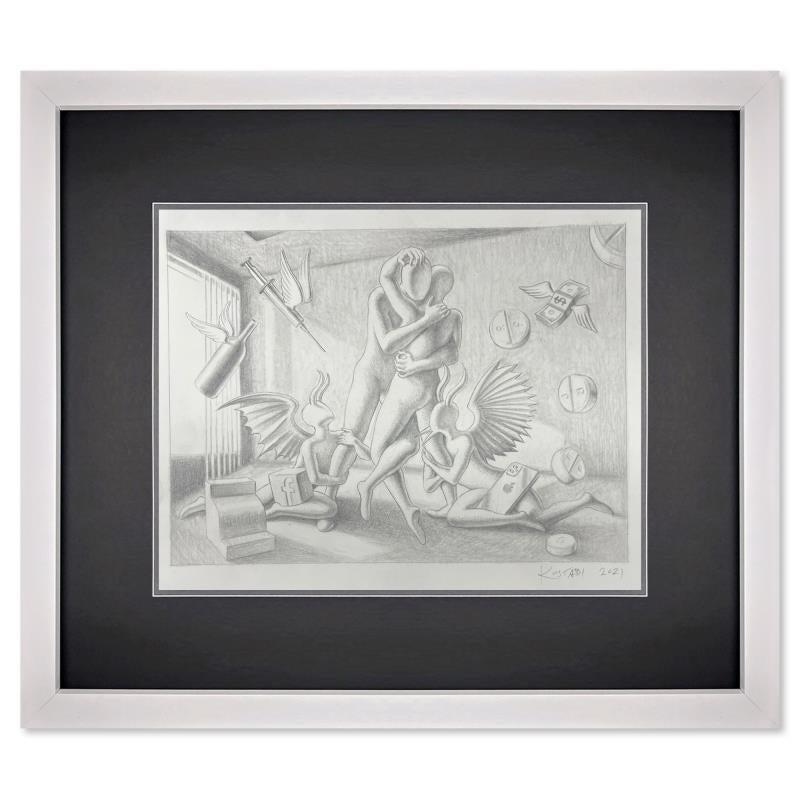 Abstract Drawing Mark Kostabi - Unbreakable Bond, dessin original sur papier encadré