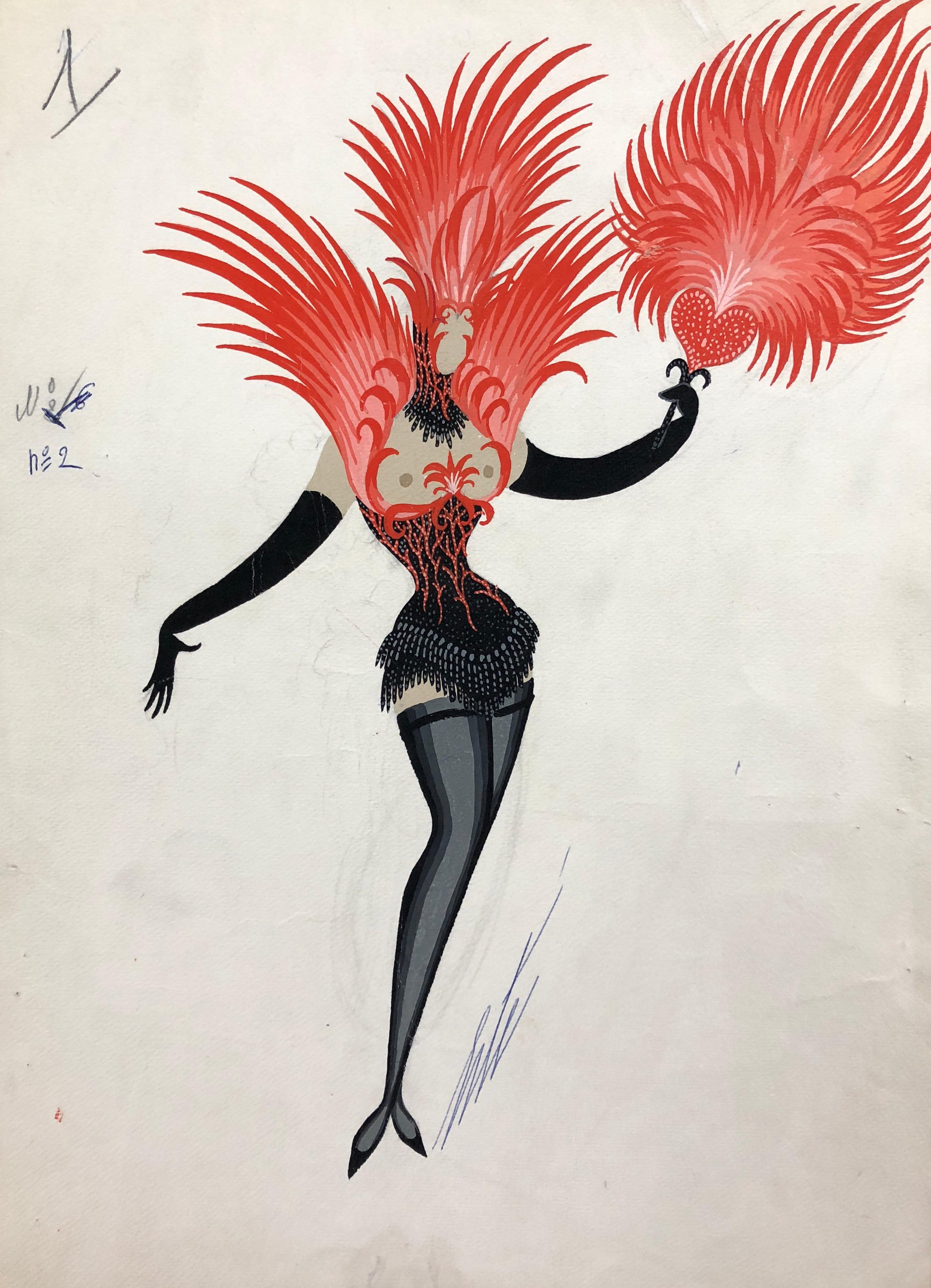 This piece is a unique, original gouache on paper by Erte, also known as Romain de Tirtoff. Erte was a vastly diverse artist who excelled in an array of fields including fashion, jewelry, graphic arts, costume and set design for film, theatre,