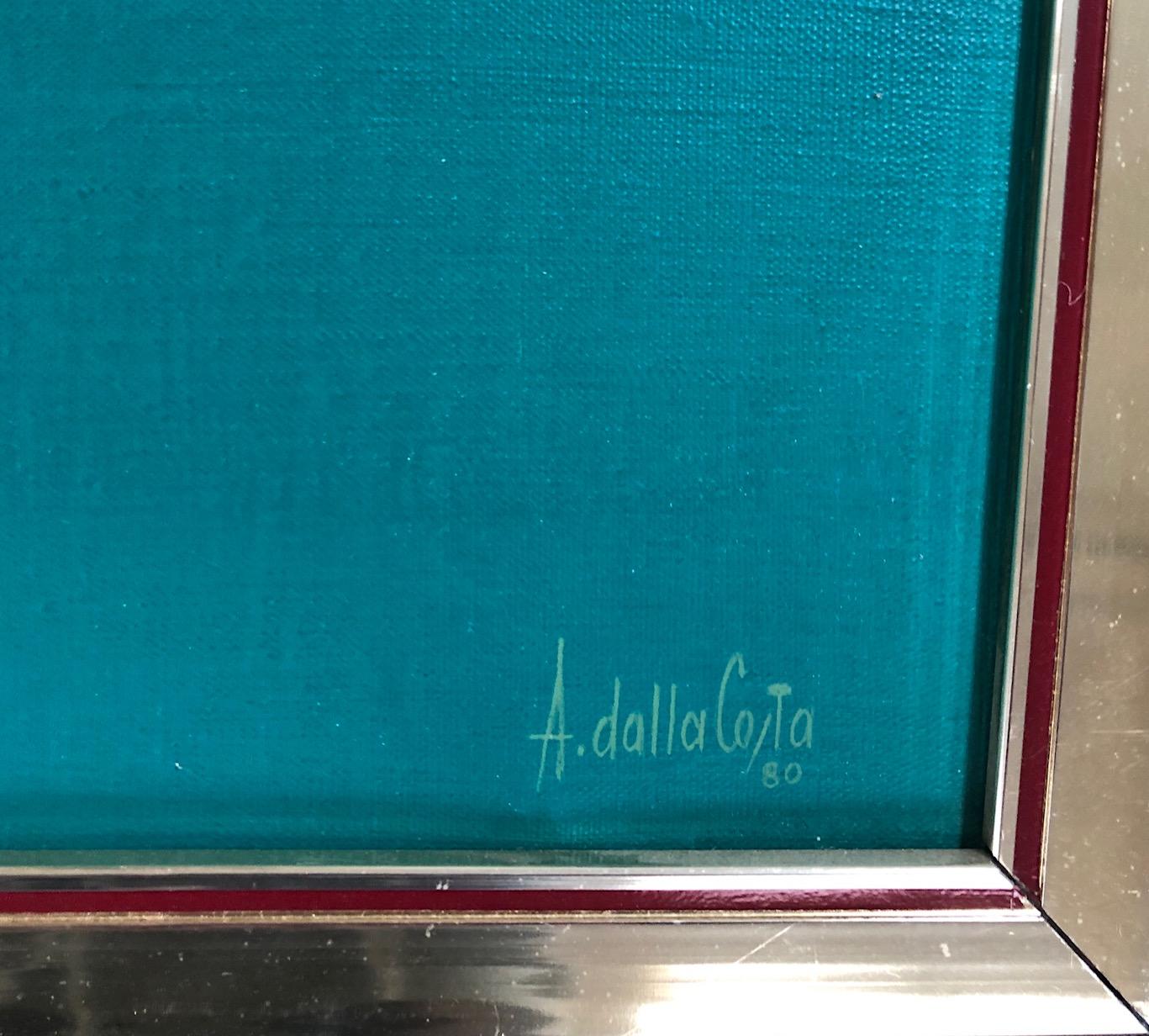 Questo pezzo è un dipinto acrilico unico creato da Amleto dalla Costa nel 1980. Dalla Costa è un artista italiano noto soprattutto per i suoi dipinti di donne con una tavolozza in stile nord italiano. Questo pezzo è firmato e datato a mano