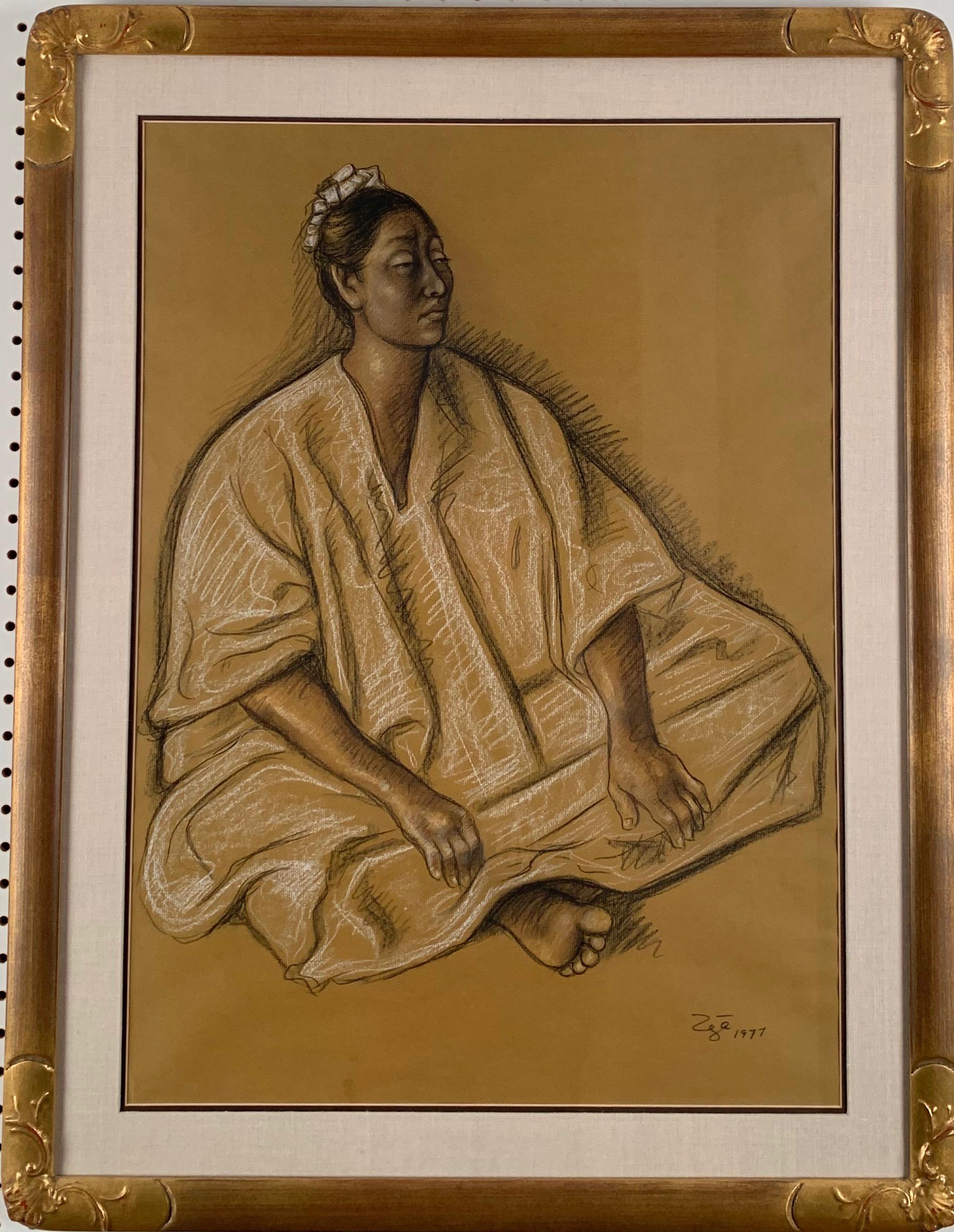 Francisco Zuniga, sitzende Frau, einzigartige Pastellzeichnung (Expressionismus), Art, von Francisco Zúñiga