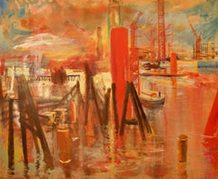 Building of Canary Wharf – Gebäude des Kanarienkanals – Landschaft des späten 20. Jahrhunderts, Öl in London von Milne