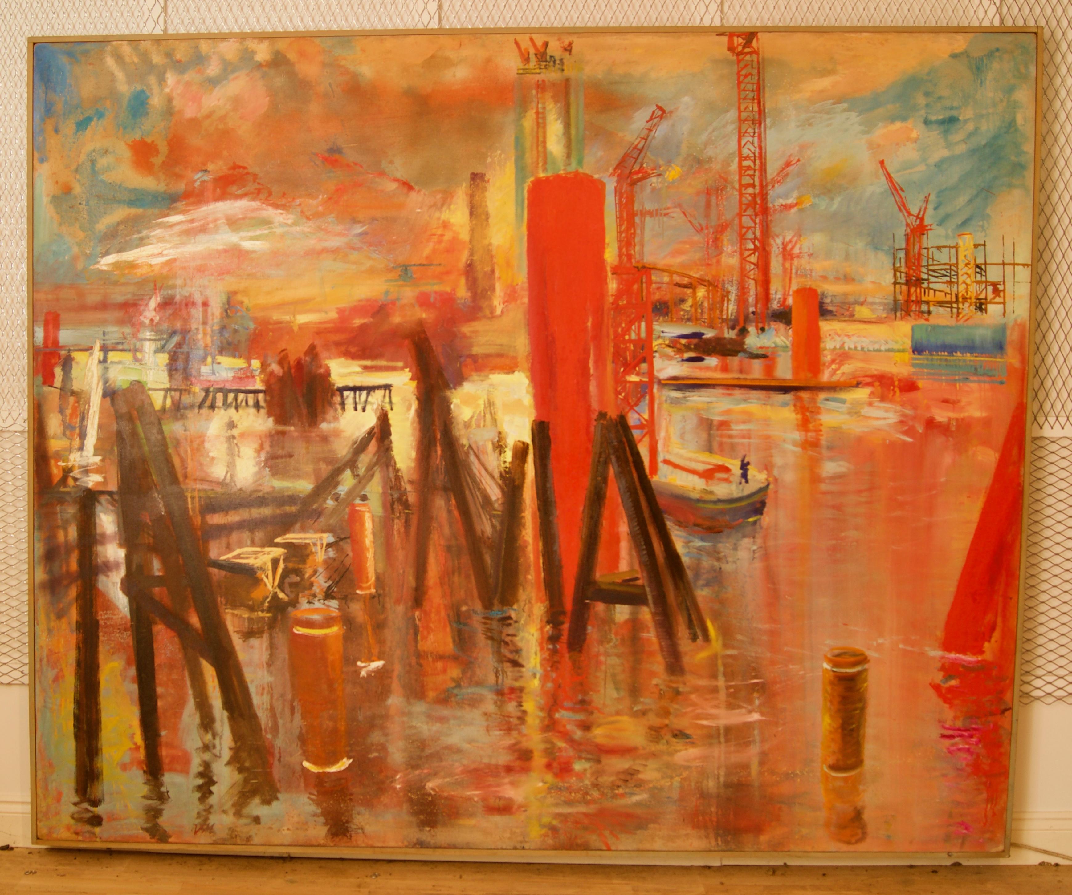 Building of Canary Wharf – Gebäude des Kanarienkanals – Landschaft des späten 20. Jahrhunderts, Öl in London von Milne – Painting von Vincent Milne