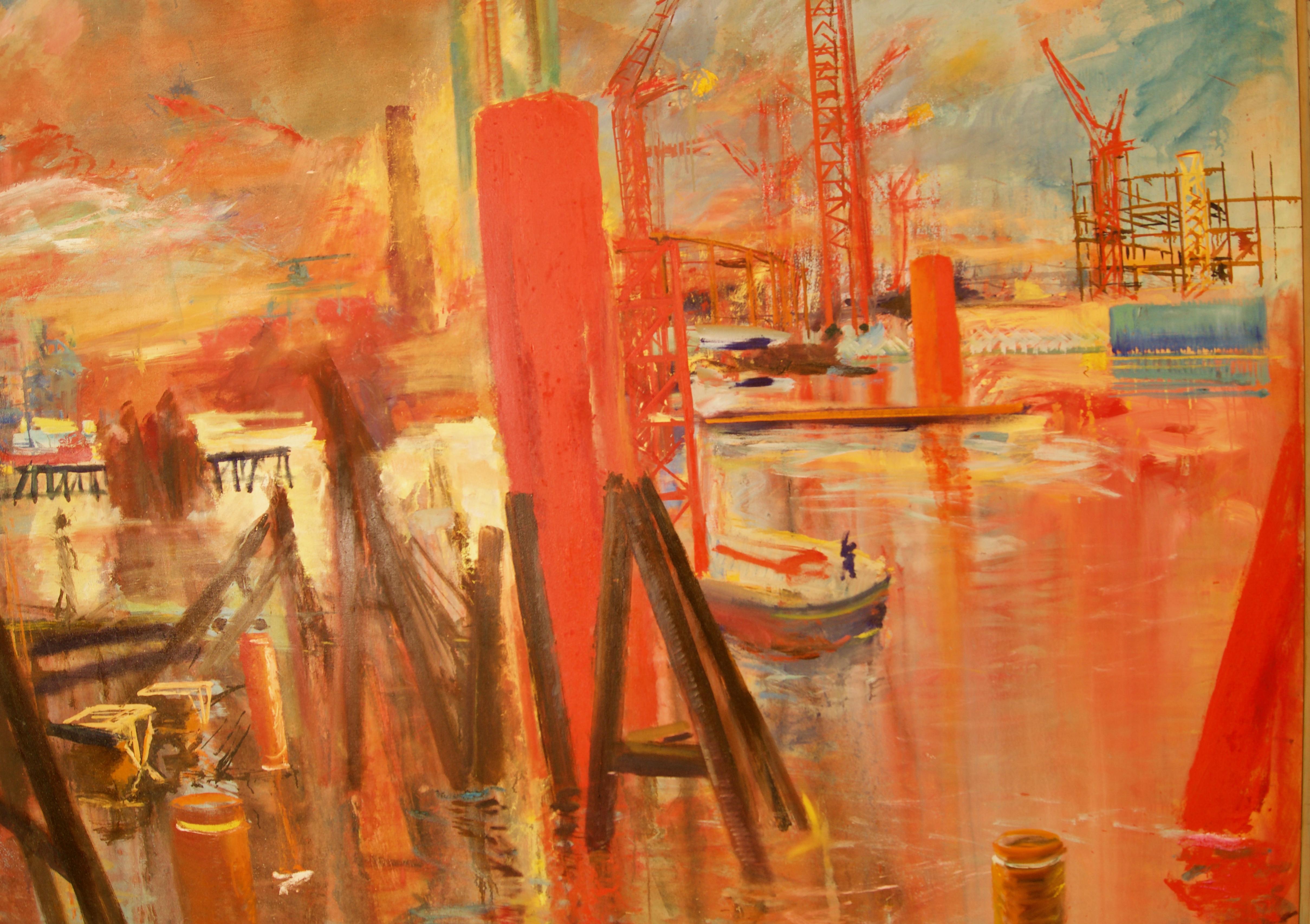 Building of Canary Wharf – Gebäude des Kanarienkanals – Landschaft des späten 20. Jahrhunderts, Öl in London von Milne (Zeitgenössisch), Painting, von Vincent Milne