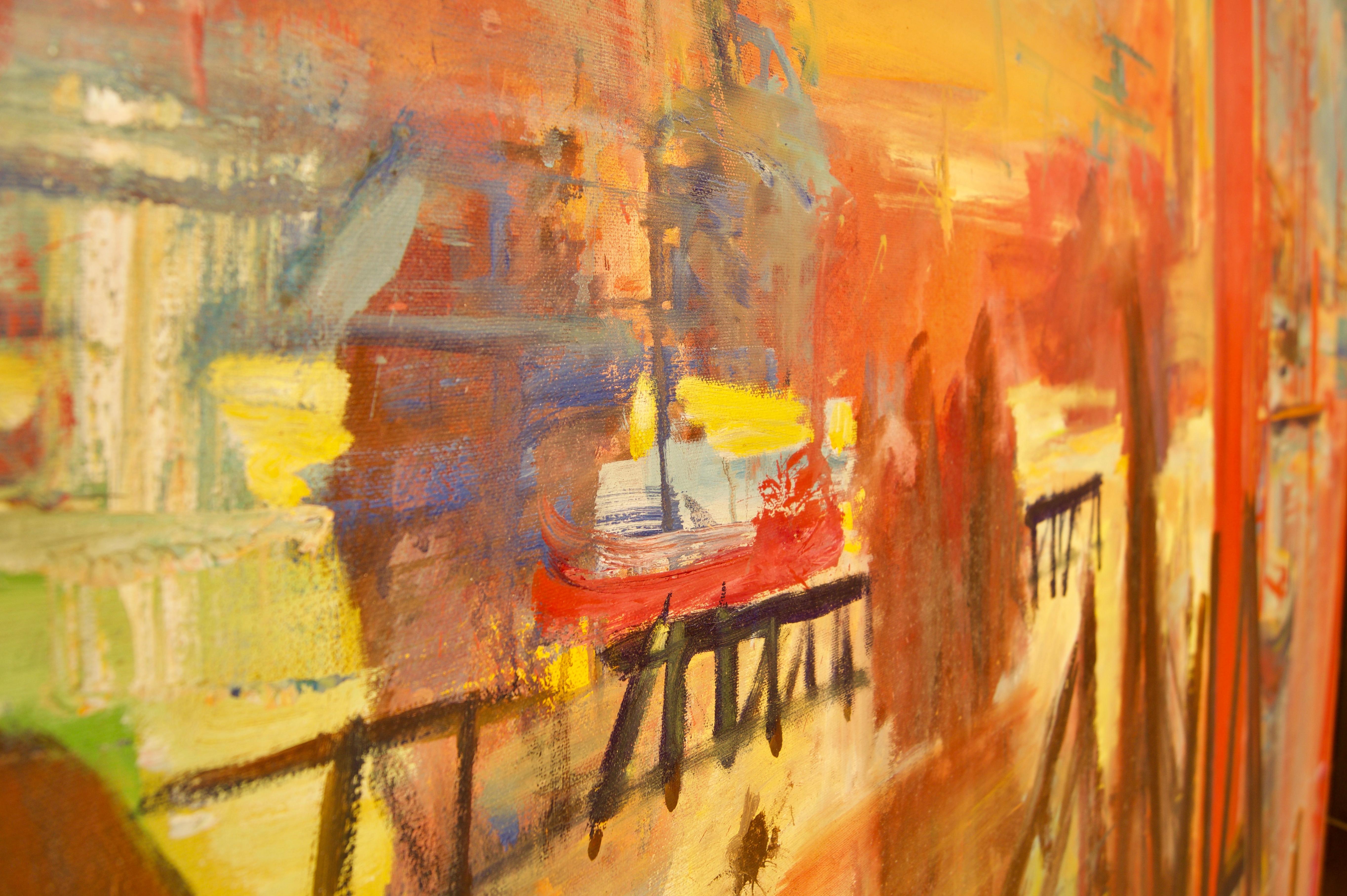 Building of Canary Wharf – Gebäude des Kanarienkanals – Landschaft des späten 20. Jahrhunderts, Öl in London von Milne 2