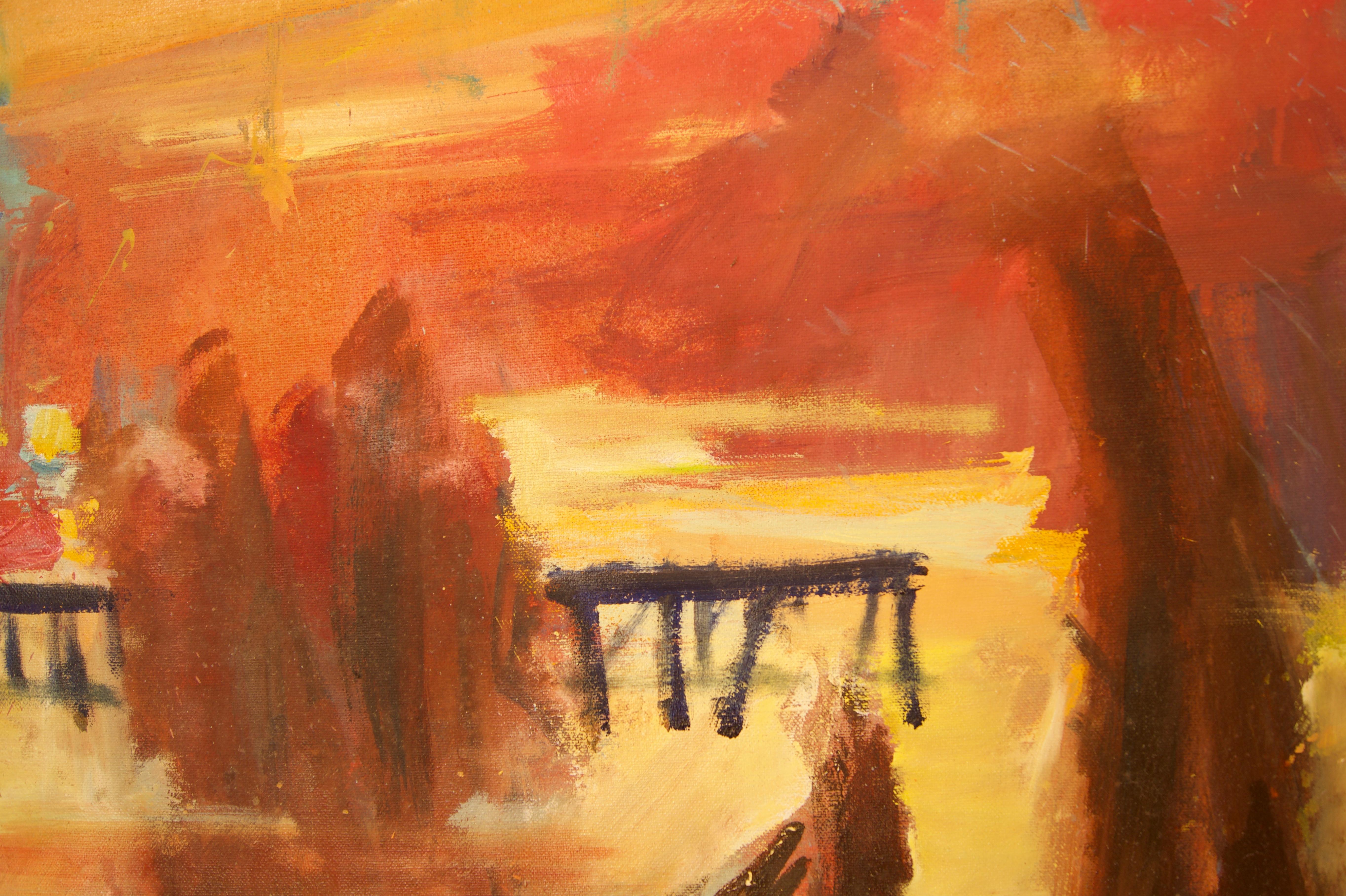 Building of Canary Wharf – Gebäude des Kanarienkanals – Landschaft des späten 20. Jahrhunderts, Öl in London von Milne 3