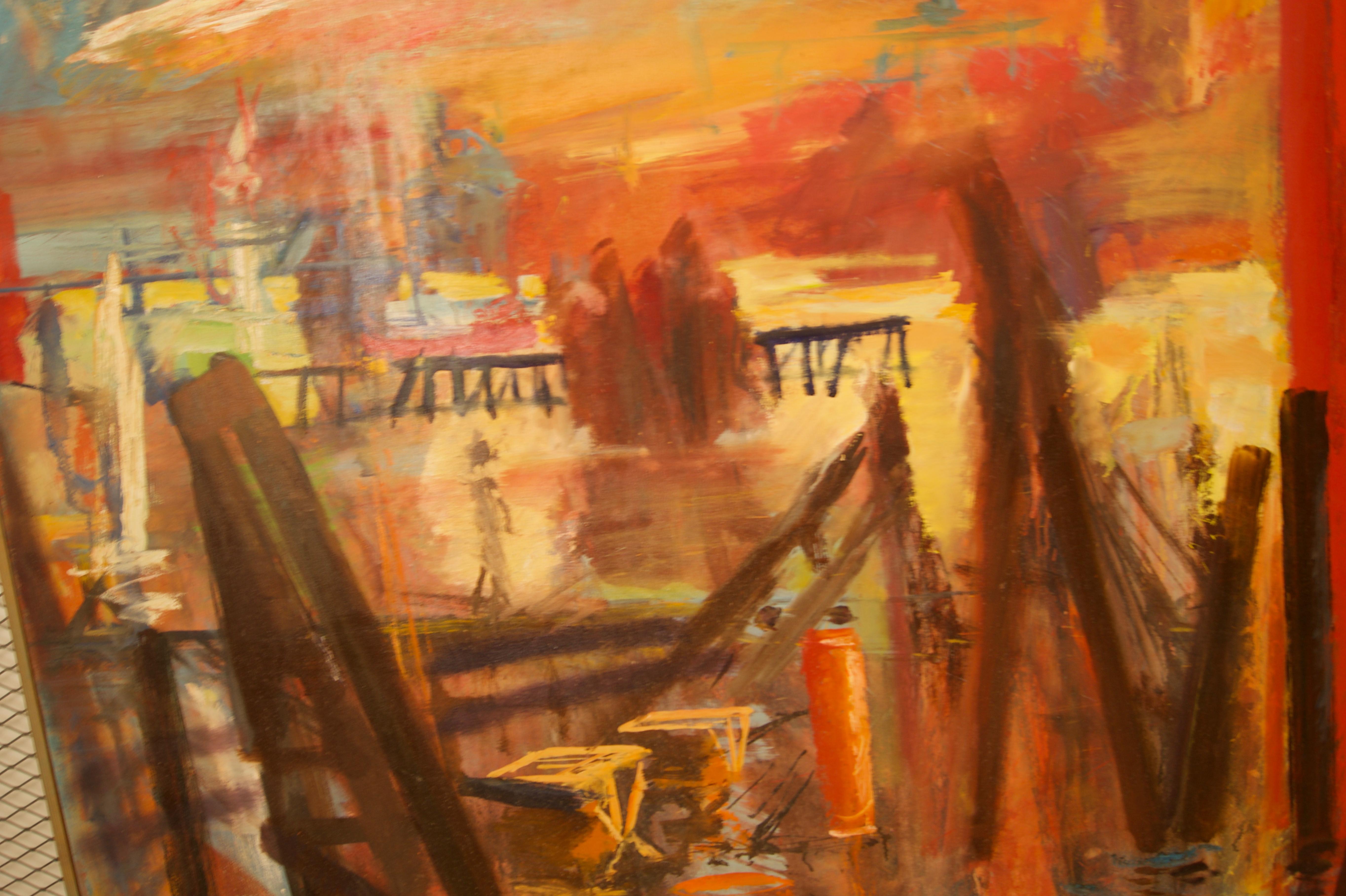 Building of Canary Wharf – Gebäude des Kanarienkanals – Landschaft des späten 20. Jahrhunderts, Öl in London von Milne 4