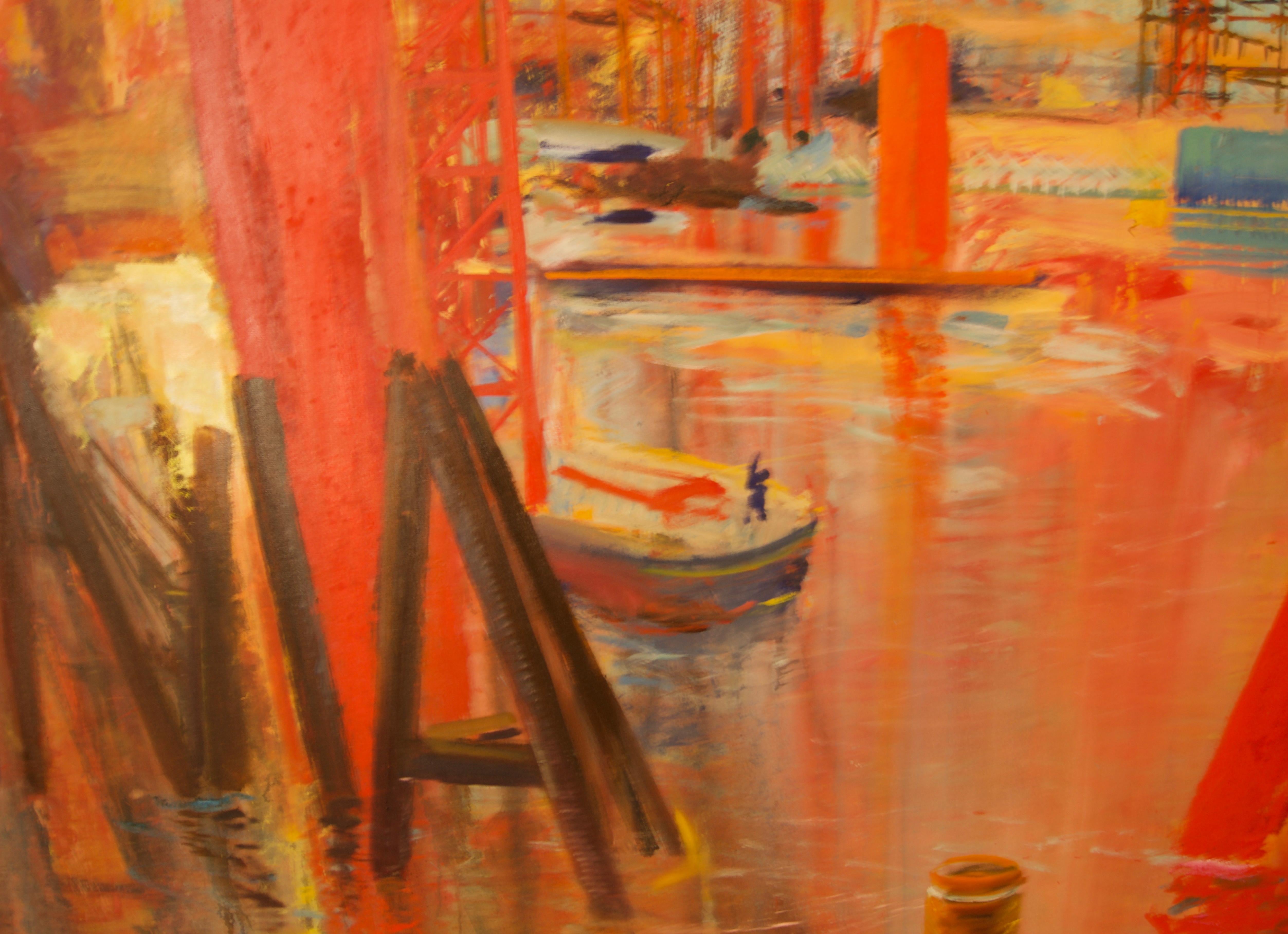 Building of Canary Wharf – Gebäude des Kanarienkanals – Landschaft des späten 20. Jahrhunderts, Öl in London von Milne 5