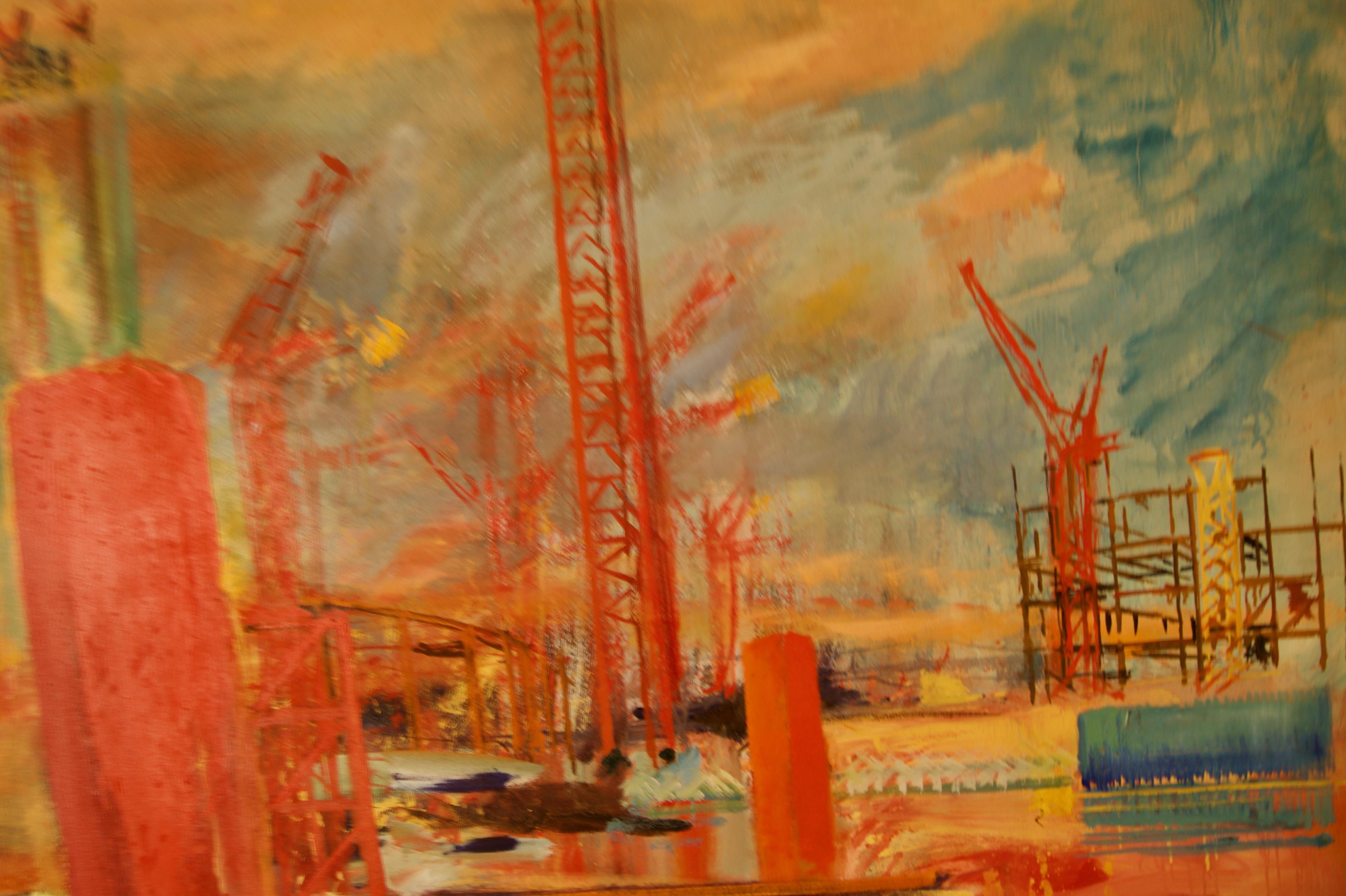 Building of Canary Wharf – Gebäude des Kanarienkanals – Landschaft des späten 20. Jahrhunderts, Öl in London von Milne 6