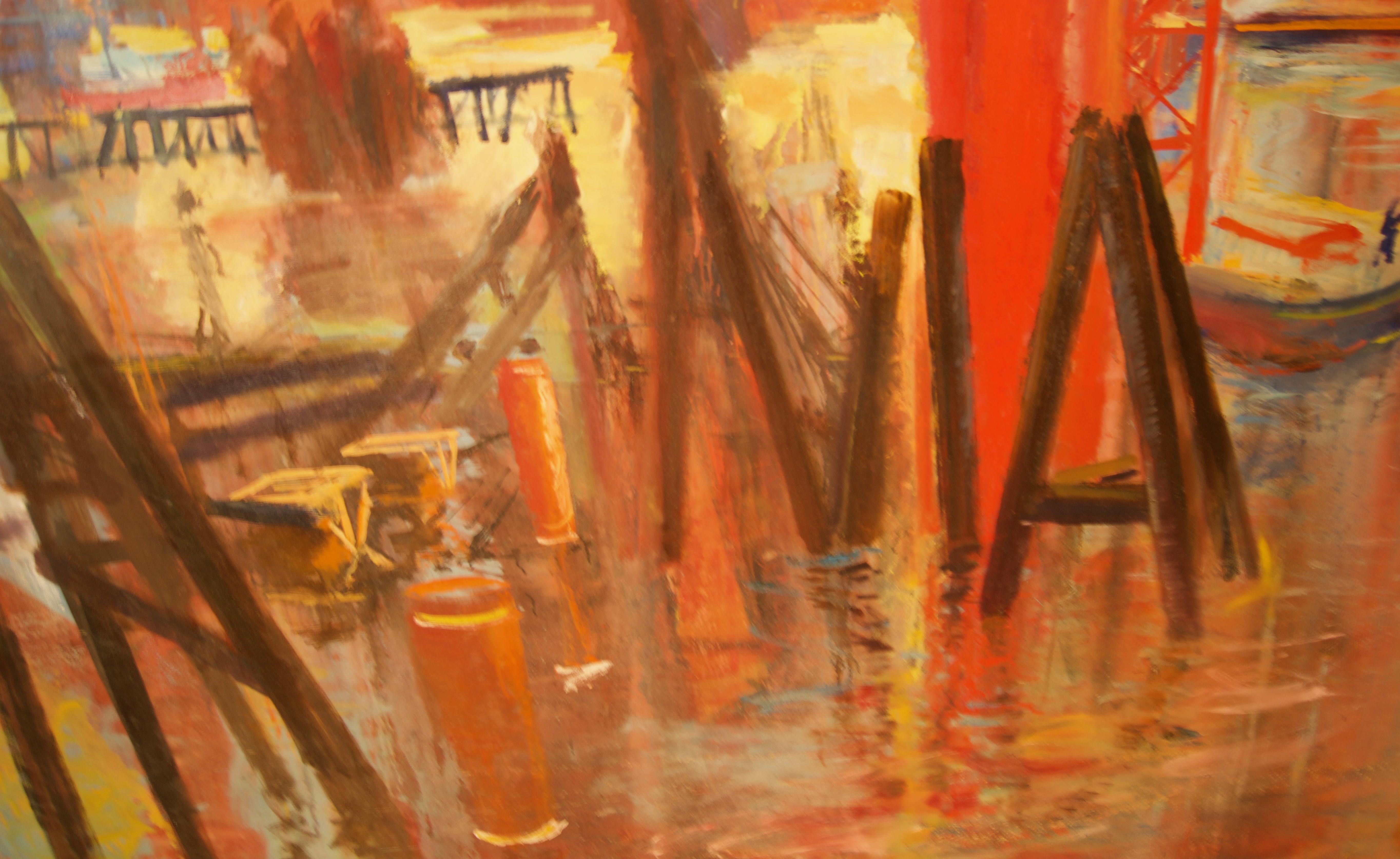 Building of Canary Wharf – Gebäude des Kanarienkanals – Landschaft des späten 20. Jahrhunderts, Öl in London von Milne 7
