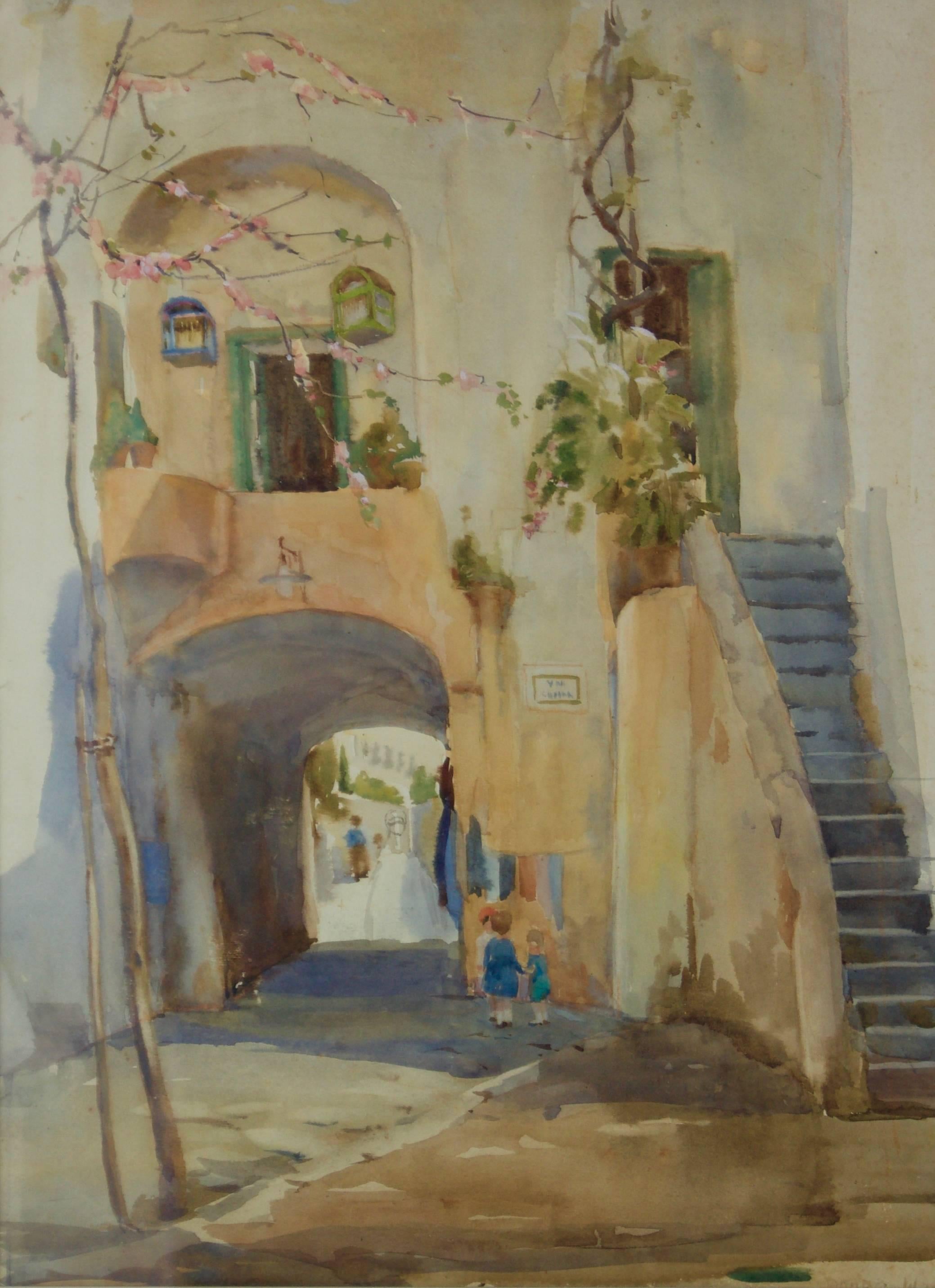 Italienisches Dorf – Impressionistisches Aquarell von Bennett aus der Mitte des 20. Jahrhunderts