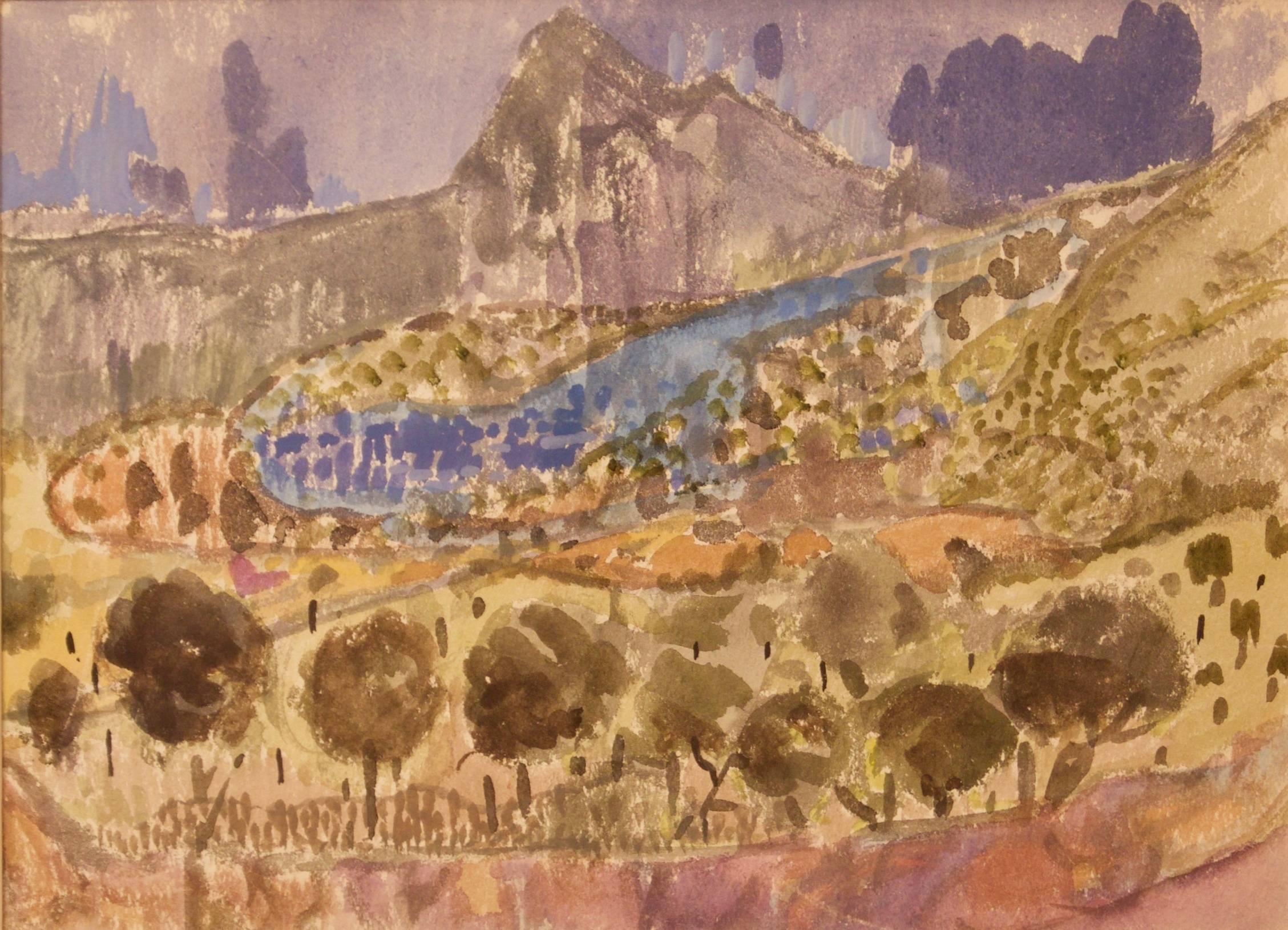 Paysage de Provence en France - Aquarelle de Muriel Archer de la fin du XXe siècle