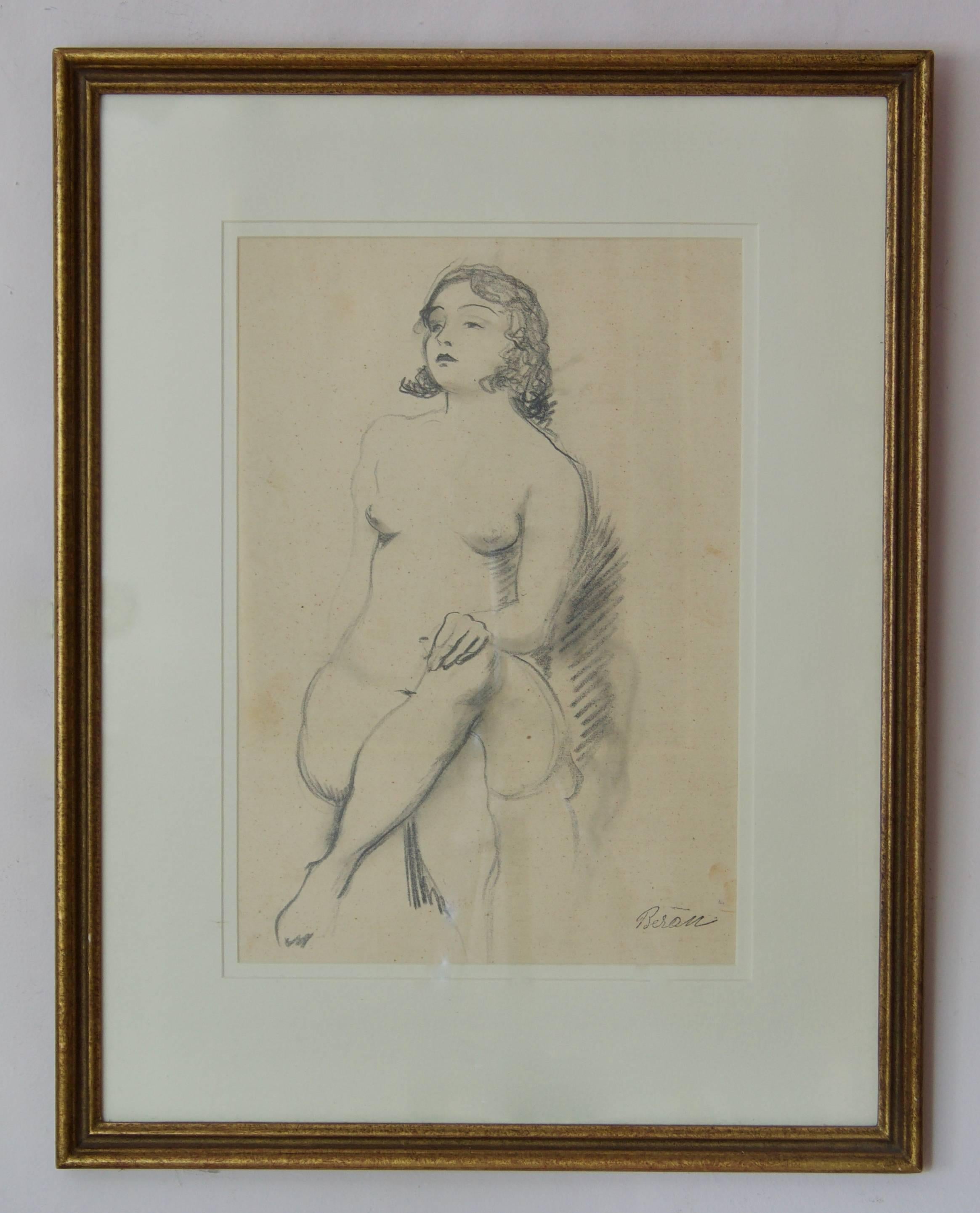 Pencil Sketch of Girl Nude Posing - Early 20th Century by Bruno Beran For Sale 1