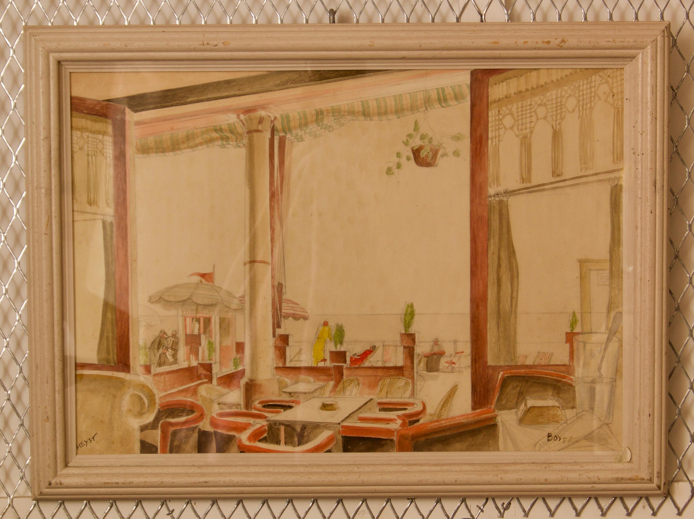 Howard Bowen est un artiste d'après-guerre et contemporain.

Cette œuvre a été réalisée à l'aquarelle et se trouve dans un cadre en bois sous verre.

Mots-clés : Art déco, intérieur, aquarelle, paysage, bâtiments, 1950s, 1958, restaurant, café,