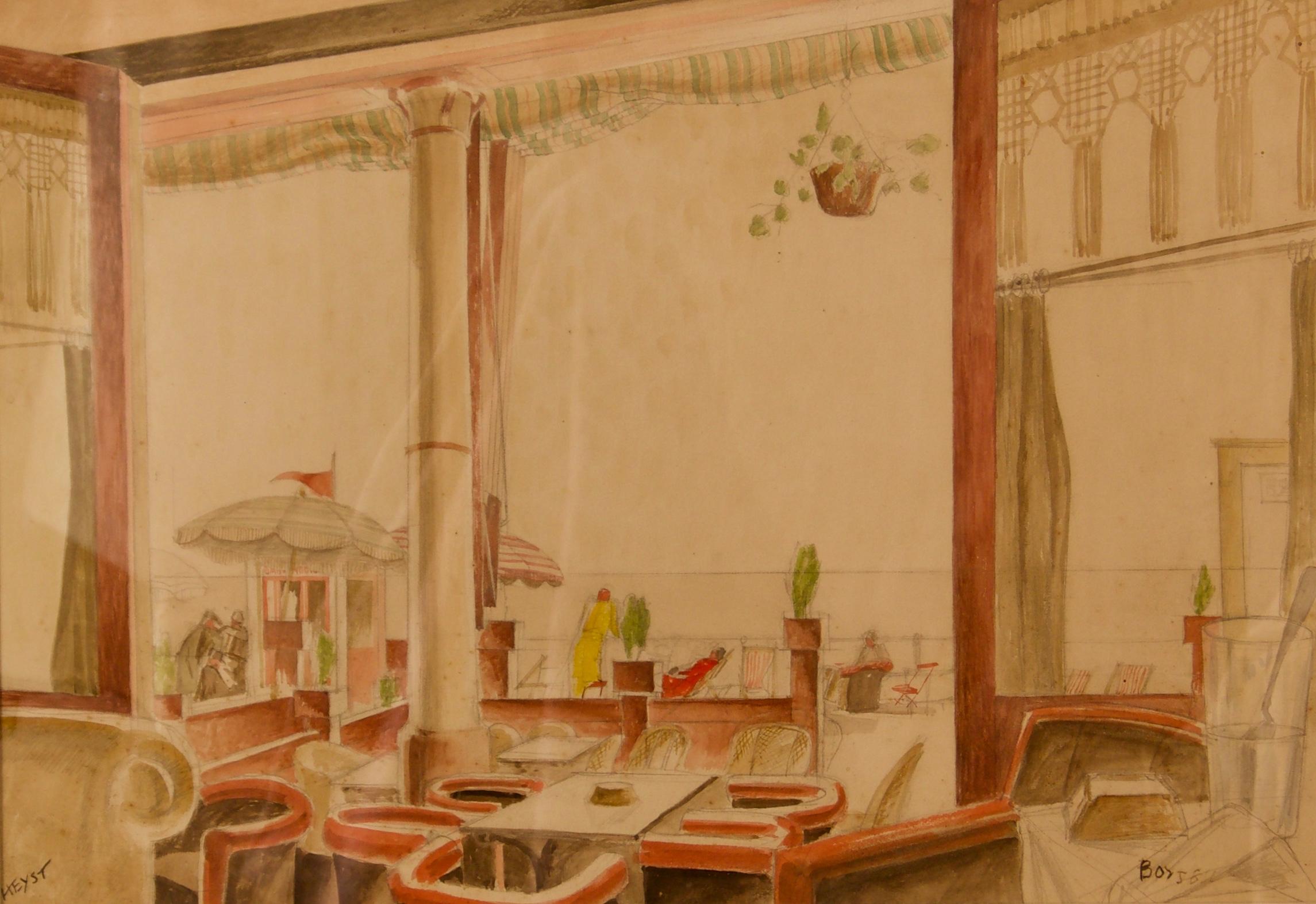 Aquarell im Art-déco-Stil – Gemälde eines Cafe-Gemäldes aus der Mitte des 20. Jahrhunderts von Howard Bowen im Angebot 1
