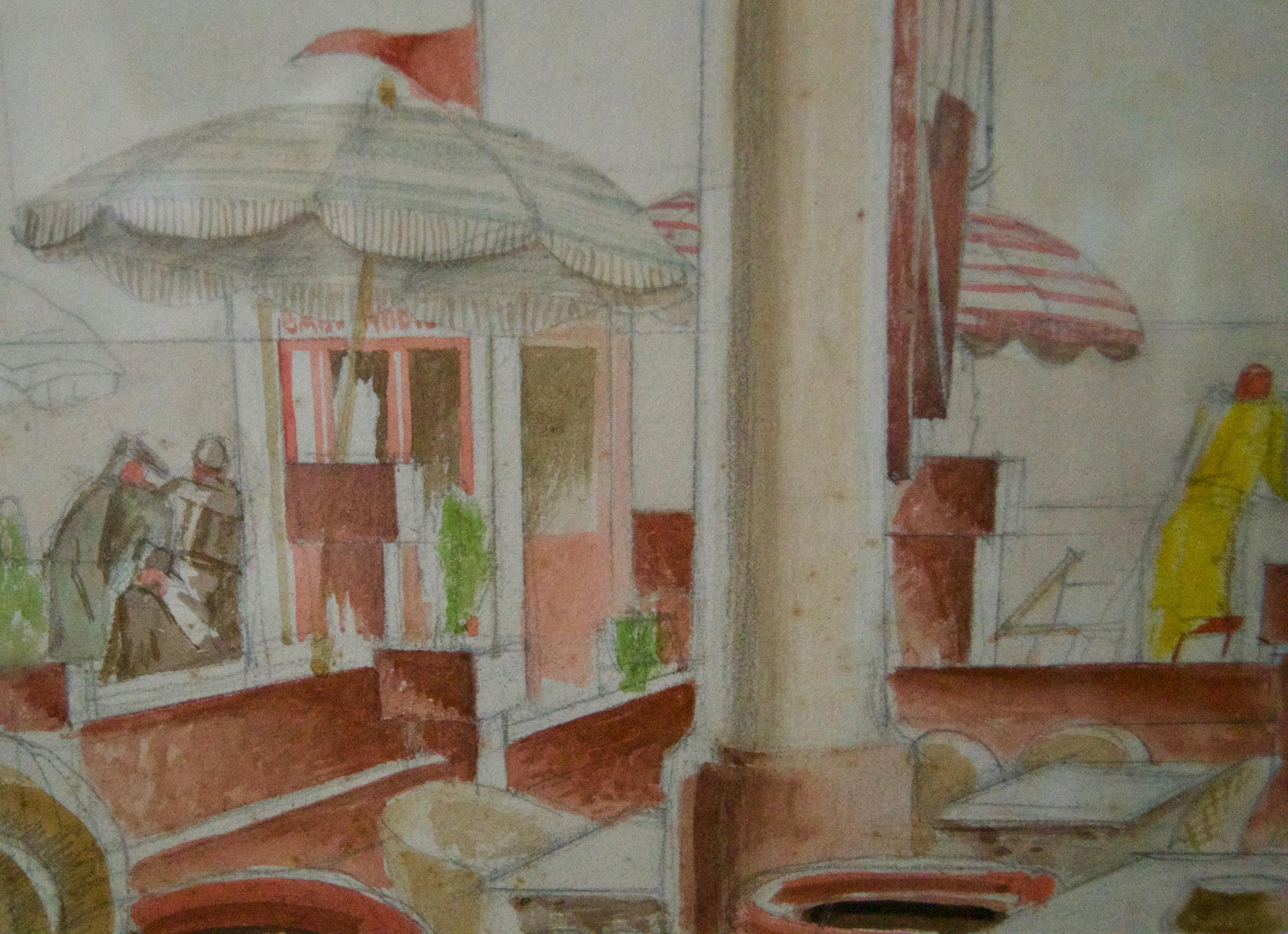 Aquarell im Art-déco-Stil – Gemälde eines Cafe-Gemäldes aus der Mitte des 20. Jahrhunderts von Howard Bowen im Angebot 3