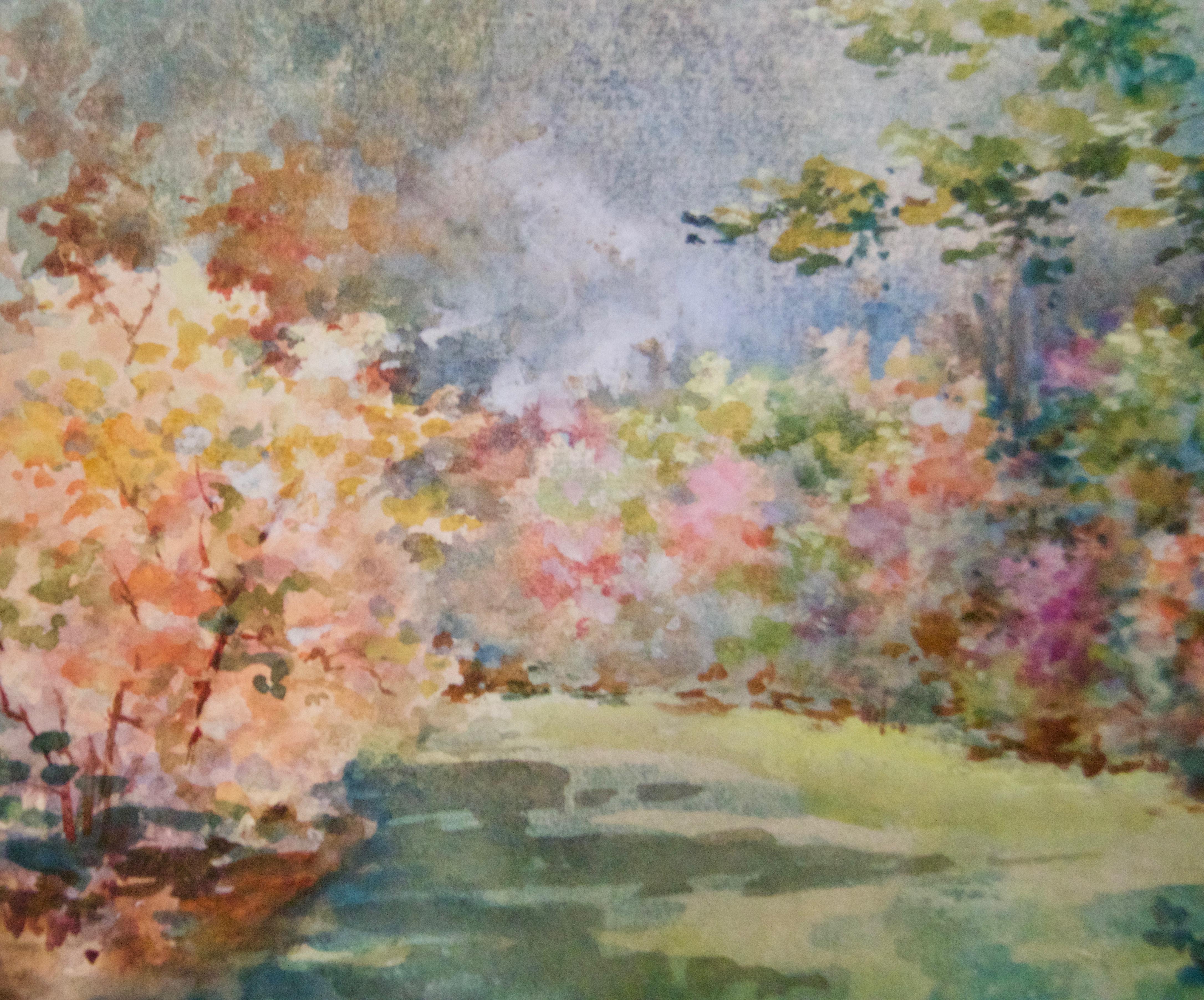 Floral Gardens - Early 20th Century Watercolor Landscape by Annie L Pressland For Sale 1