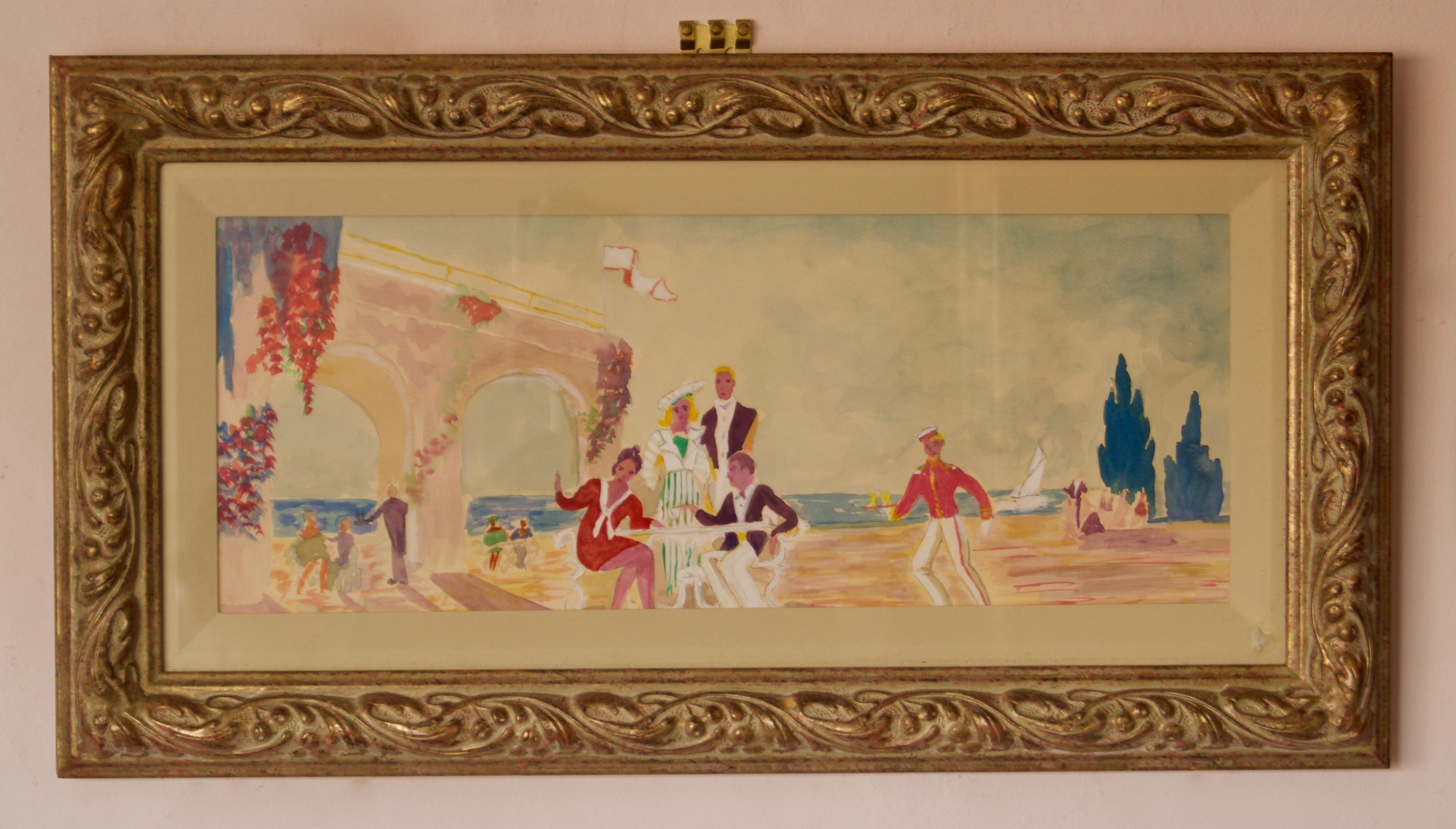 Unknown Figurative Art - Lunch on the Beach - 20th Century Watercolor of Dining on the Seafront