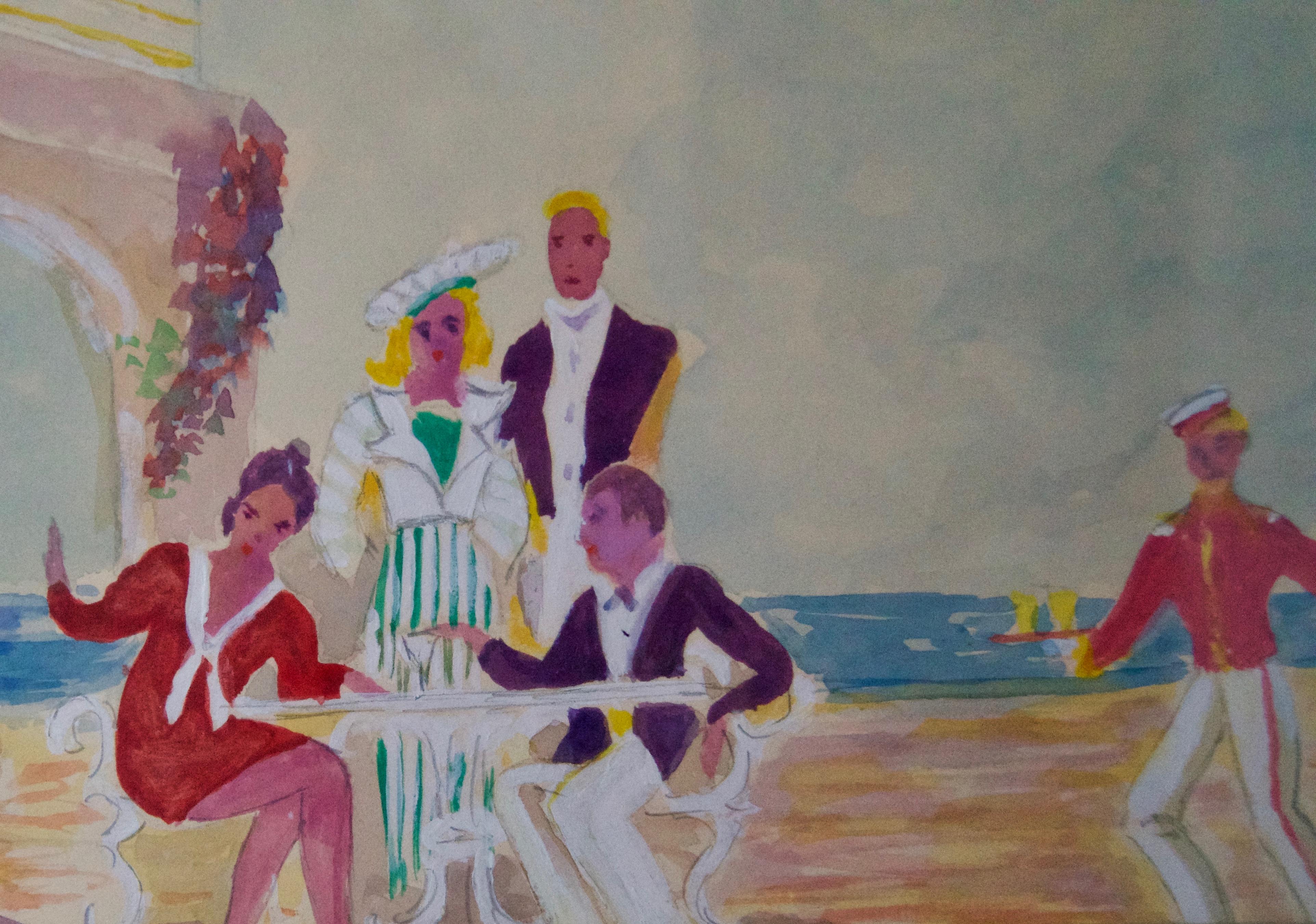 Lunch on the Beach – Esszimmer am Meer – Aquarell des 20. Jahrhunderts – Art von Unknown