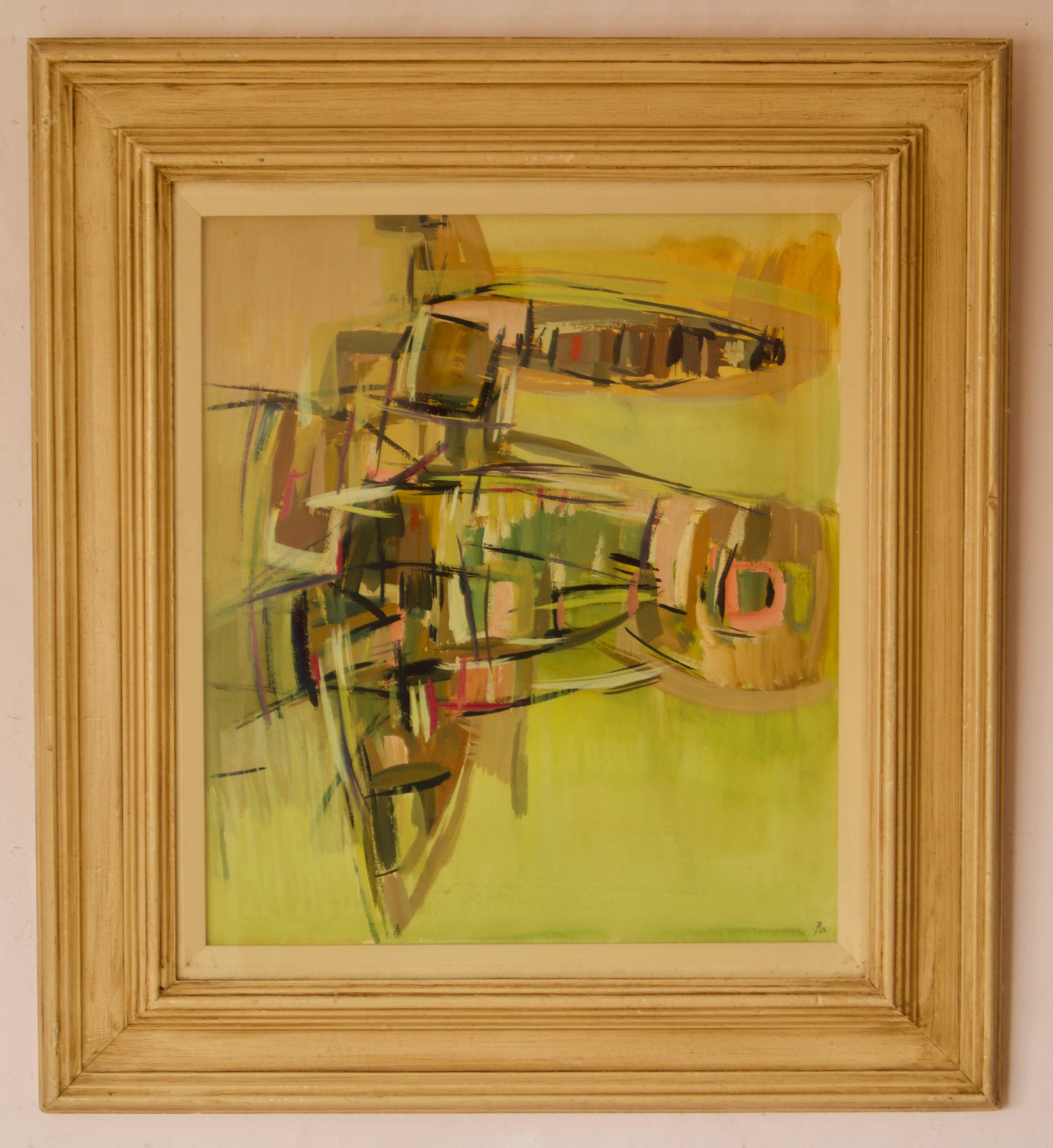 Pièce abstraite du milieu du 20e siècle, aquarelle technique mixte de John Bolam en vente 1