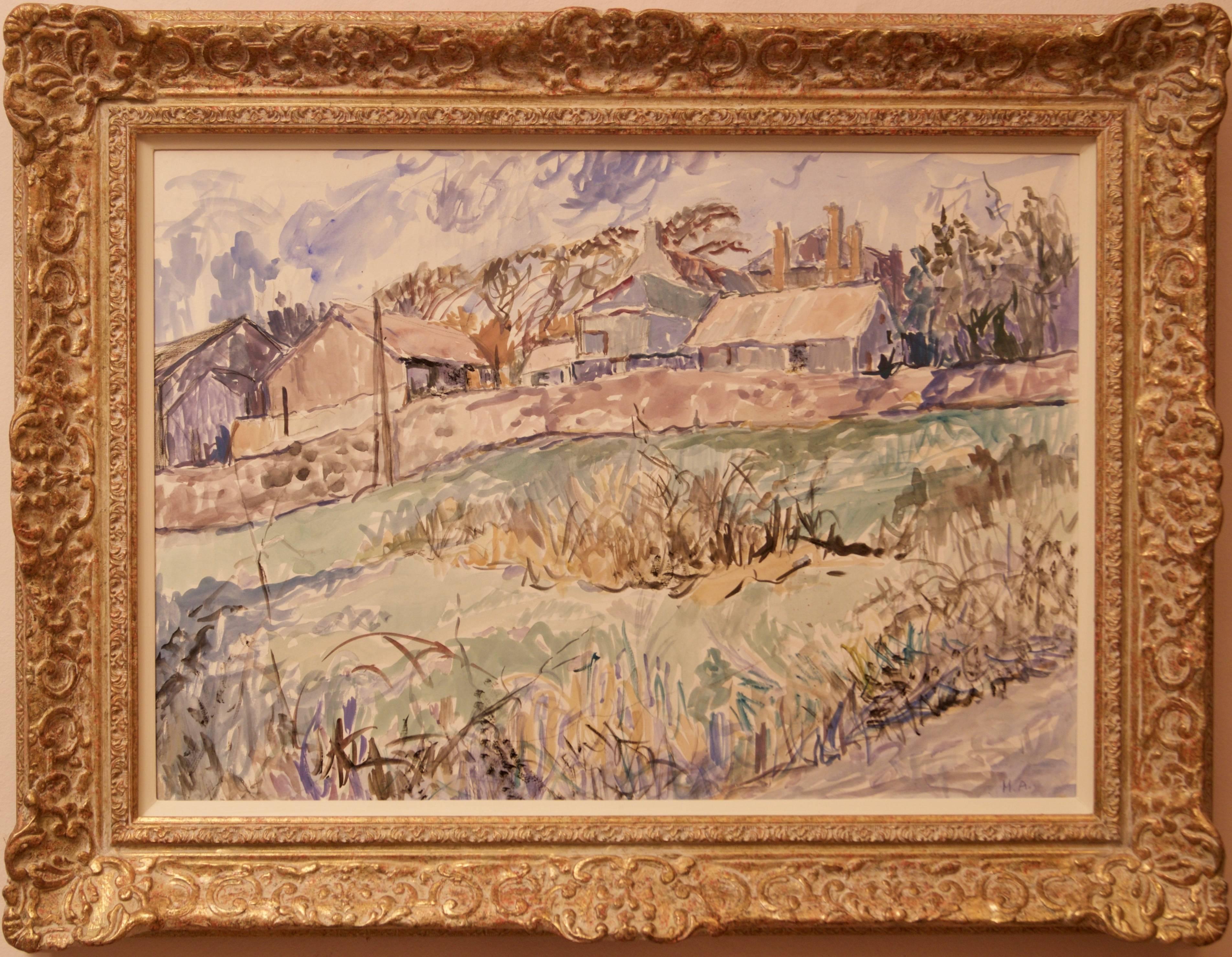 Village in Cornwall - Late 20th Century Watercolour Countryside by Muriel Archer For Sale 1