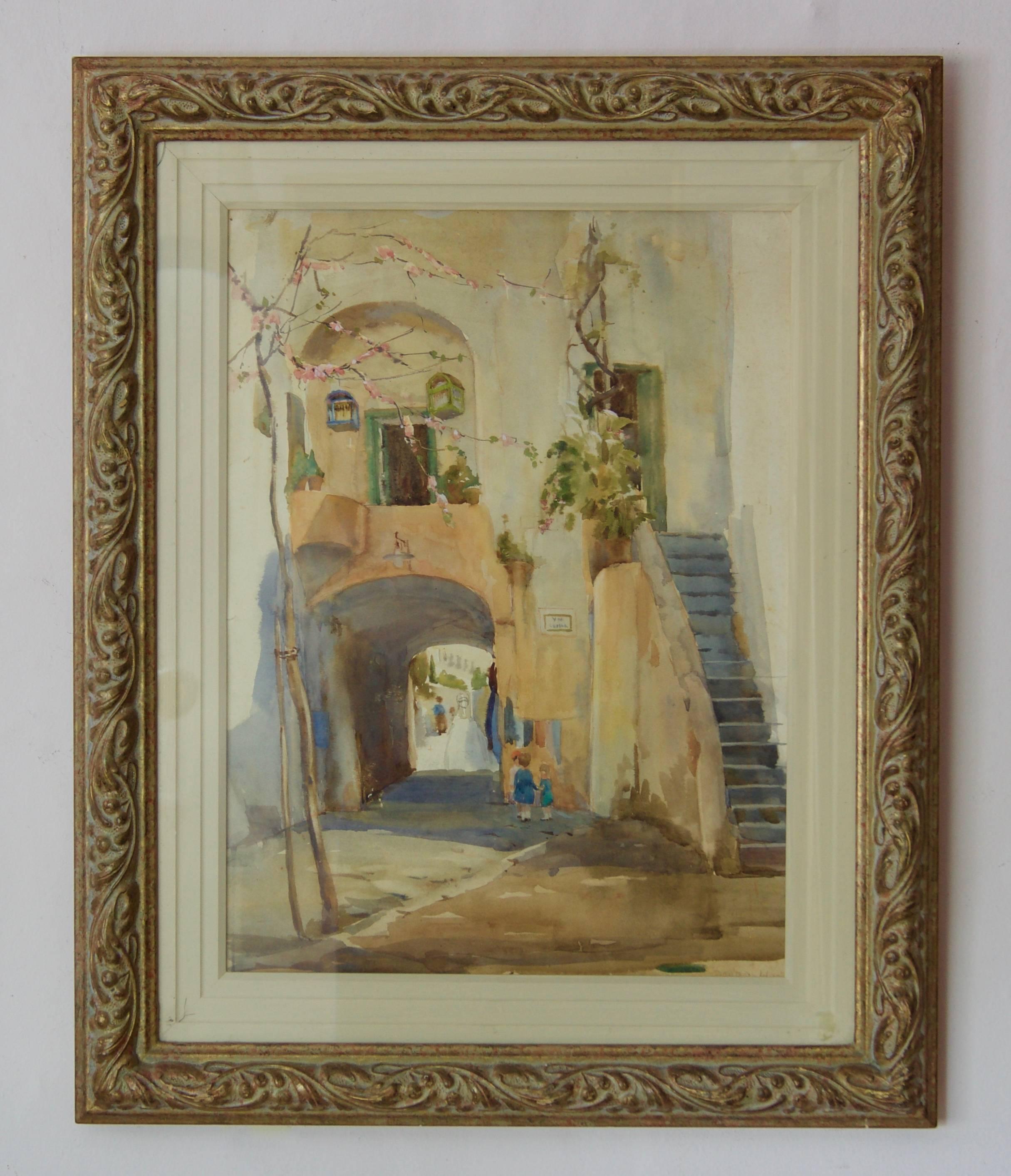 Villaggio italiano - Acquerello impressionista della metà del XX secolo di The Bennetts - Art di Sterndale Bennett