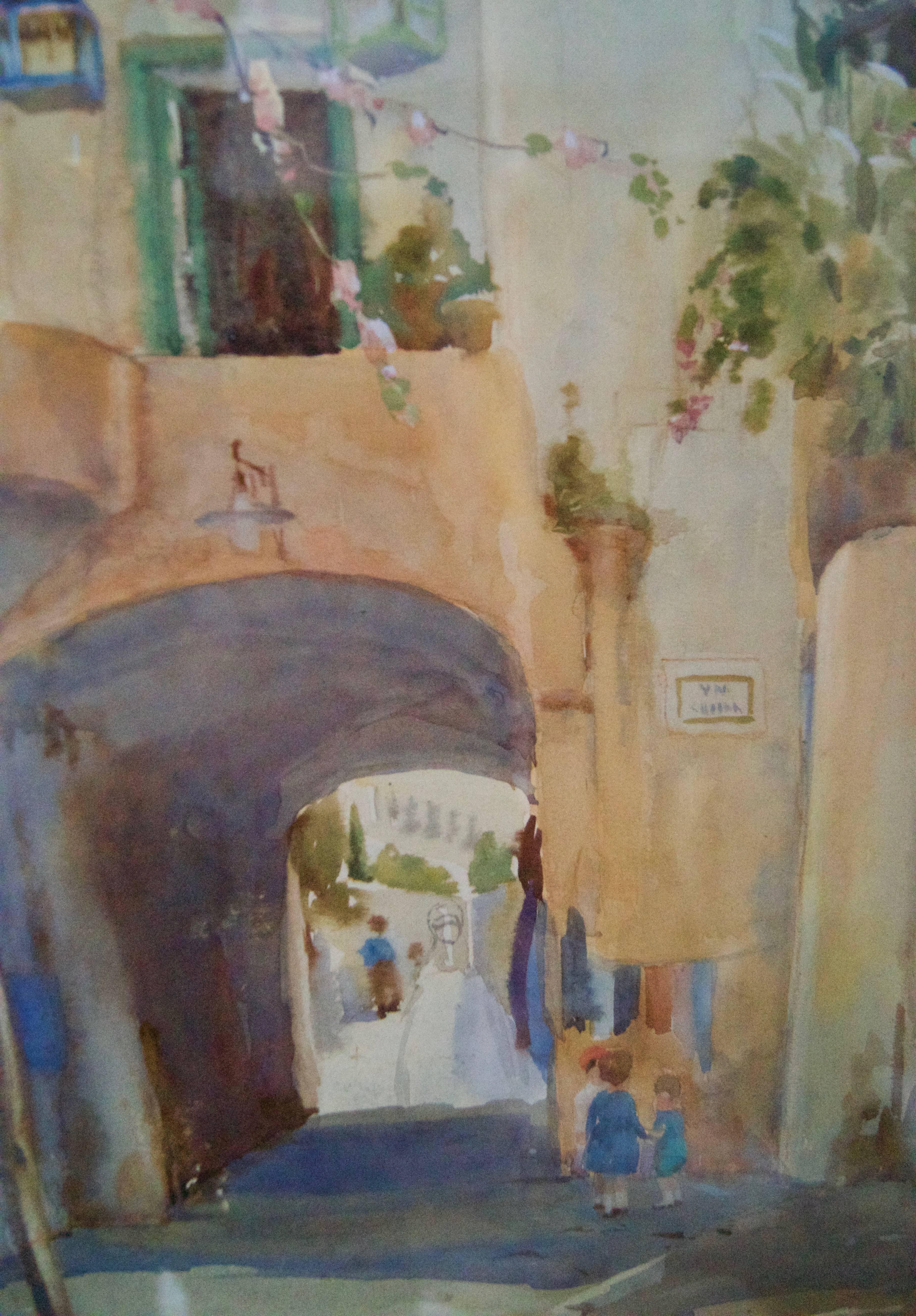 Villaggio italiano - Acquerello impressionista della metà del XX secolo di The Bennetts - Landscape Art Marrone di Sterndale Bennett