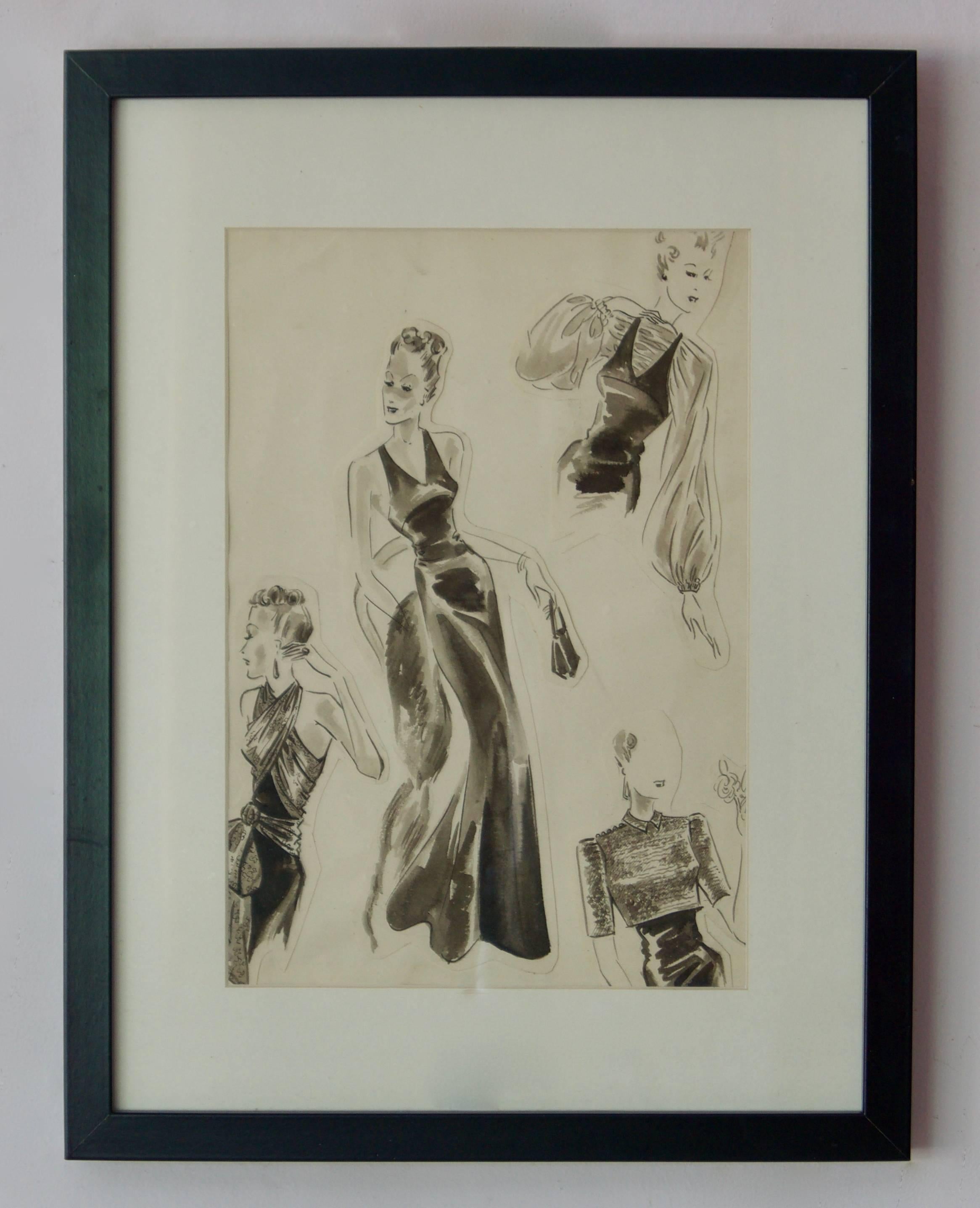 Original Fashion Drawings Fashion Plate - Pre War Early-Mid 20th Century Sketch - Art by Unknown