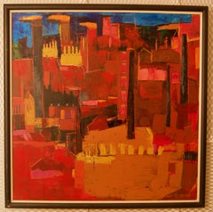 Paesaggio astratto di città - Pittura acrilica della fine del XX secolo di Amrik Varkalis