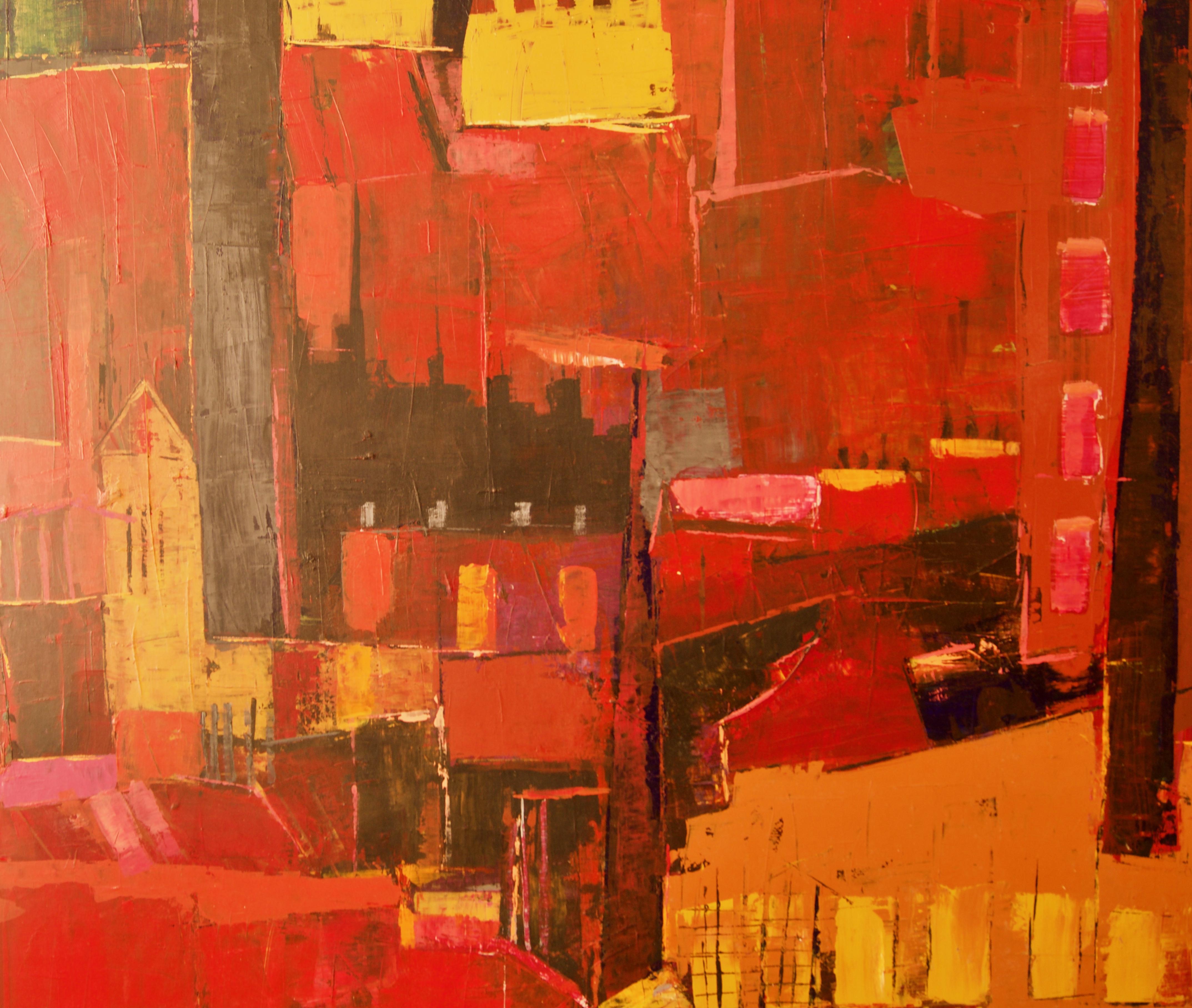 Paesaggio astratto di città - Pittura acrilica della fine del XX secolo di Amrik Varkalis in vendita 3