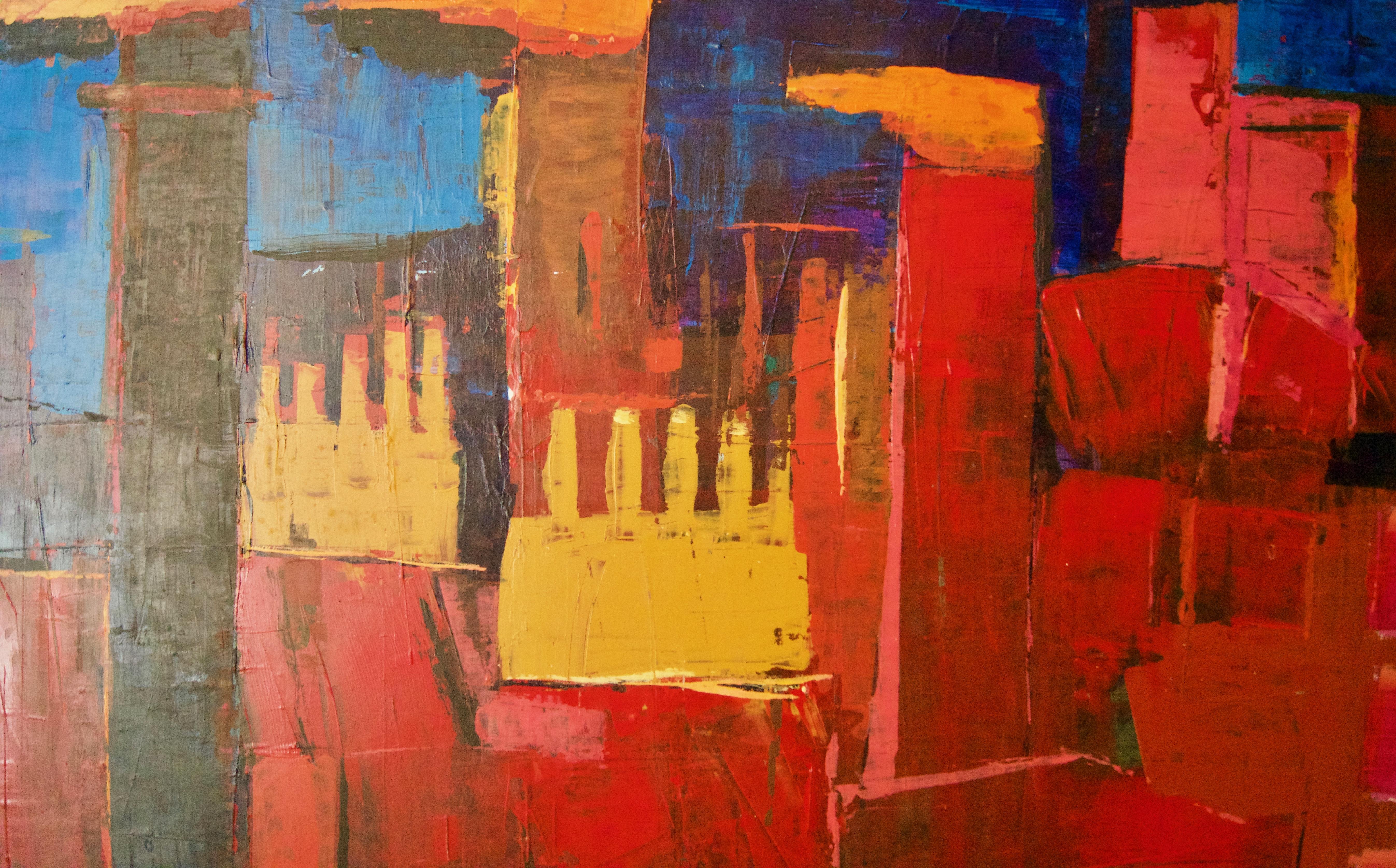 Abstract City Landscape - Late 20th Century Acrylic Painting by Amrik Varkalis For Sale 1