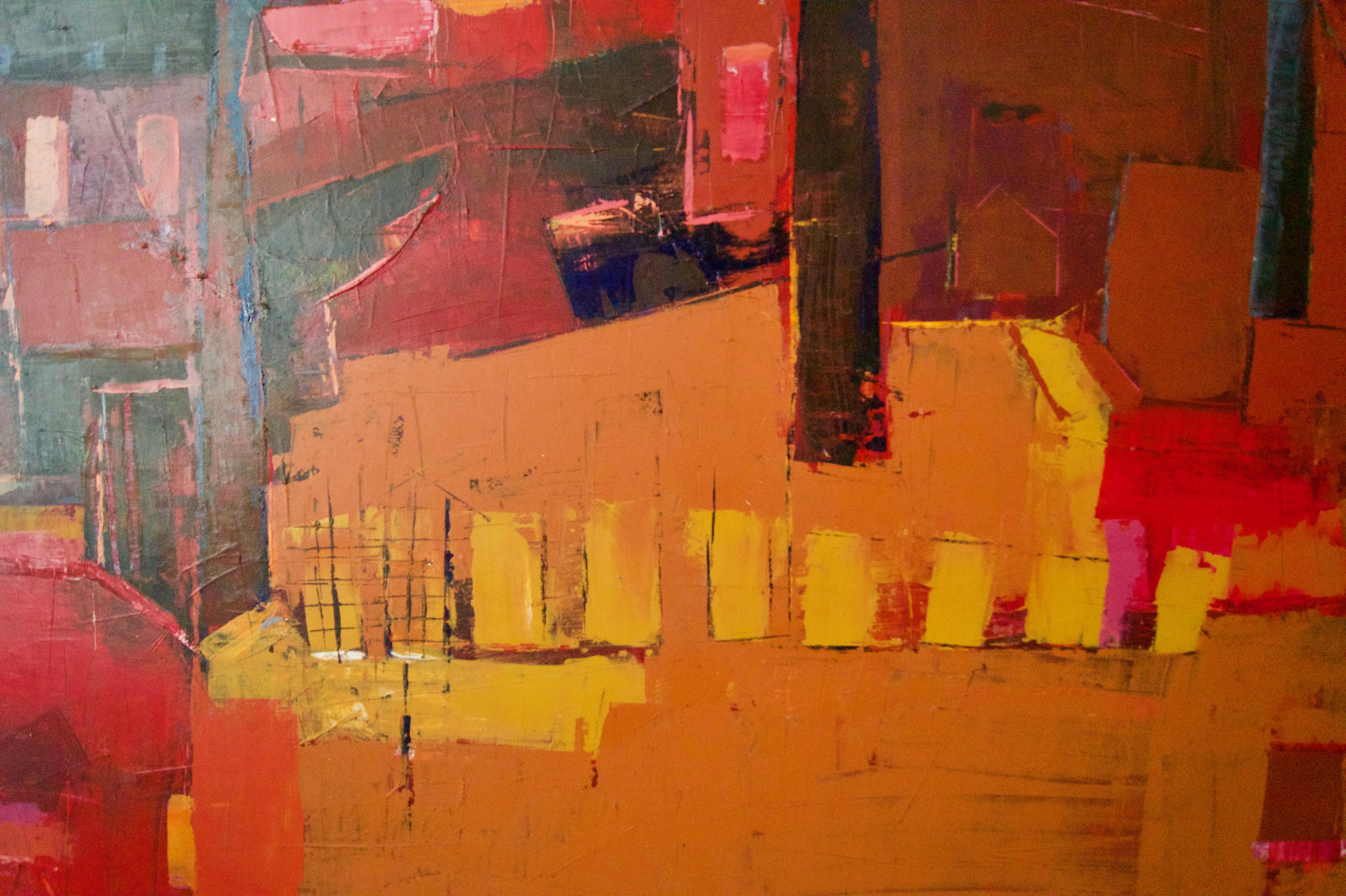 Abstract City Landscape - Late 20th Century Acrylic Painting by Amrik Varkalis For Sale 2