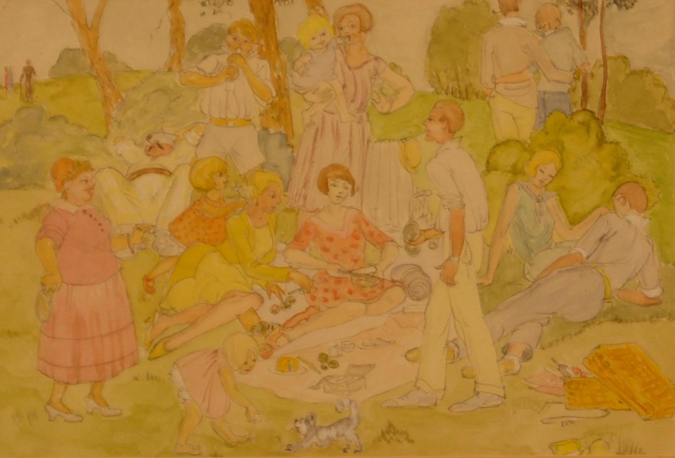 Landscape Art Unknown - Picnic familiale - Aquarelle du 20e siècle représentant une pique-nique lors d'une journée de famille dans un parc