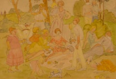 Vintage Family Picnic - 20th Century Watercolour of a Picnic in the Park Family Day Out