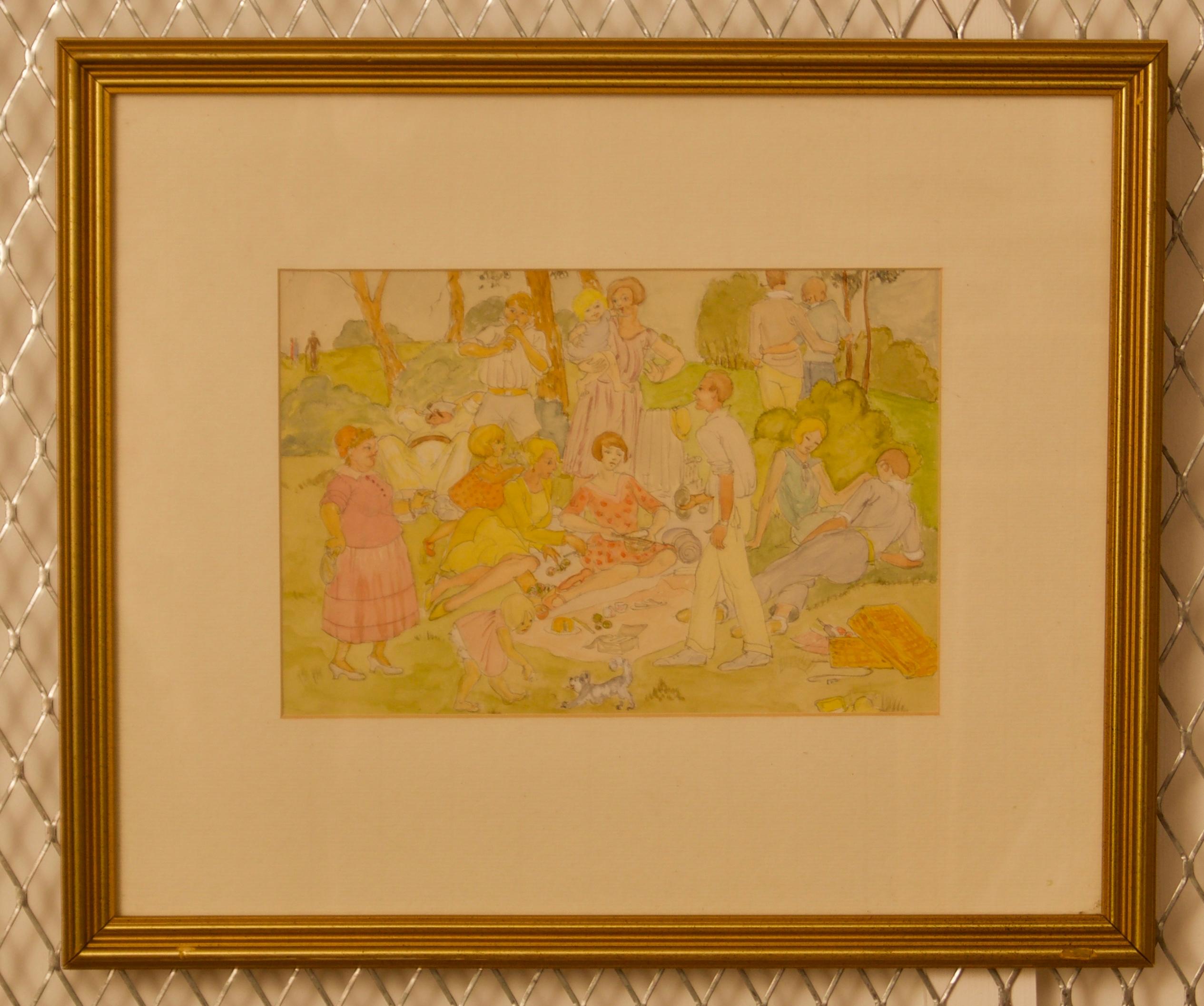 Family Picnic - 20th Century Watercolour of a Picnic in the Park Family Day Out - Art by Unknown